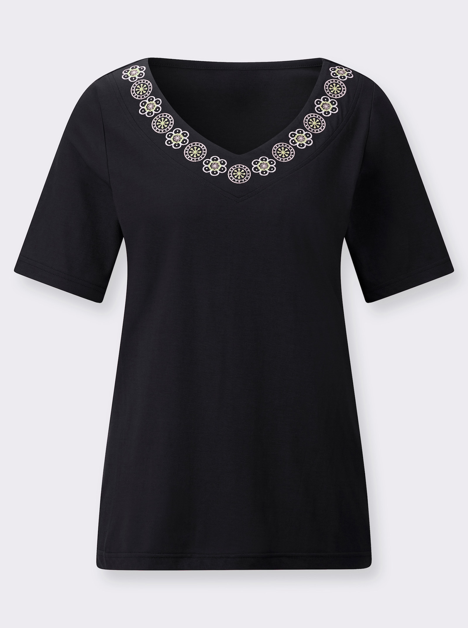 V-Shirt mit Stickereien und Glitzersteinchen - schwarz