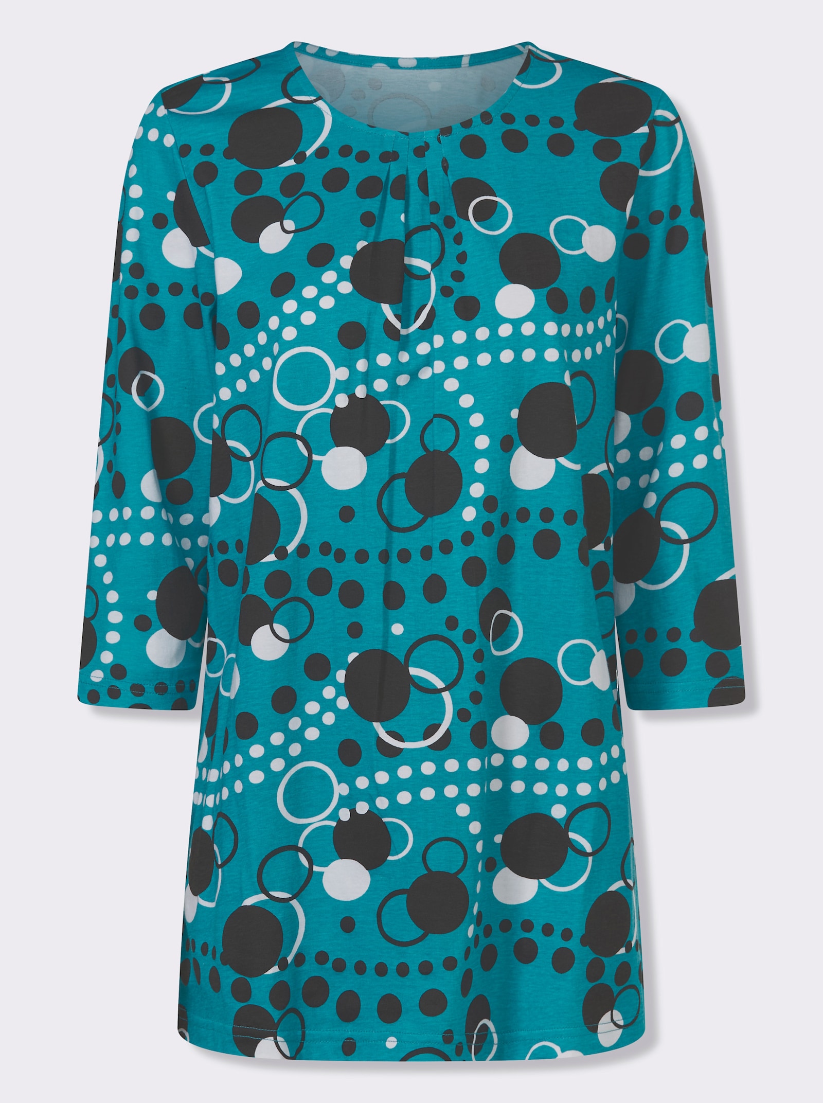 Longshirt in leicht ausgestellter Form - türkis-schwarz-bedruckt