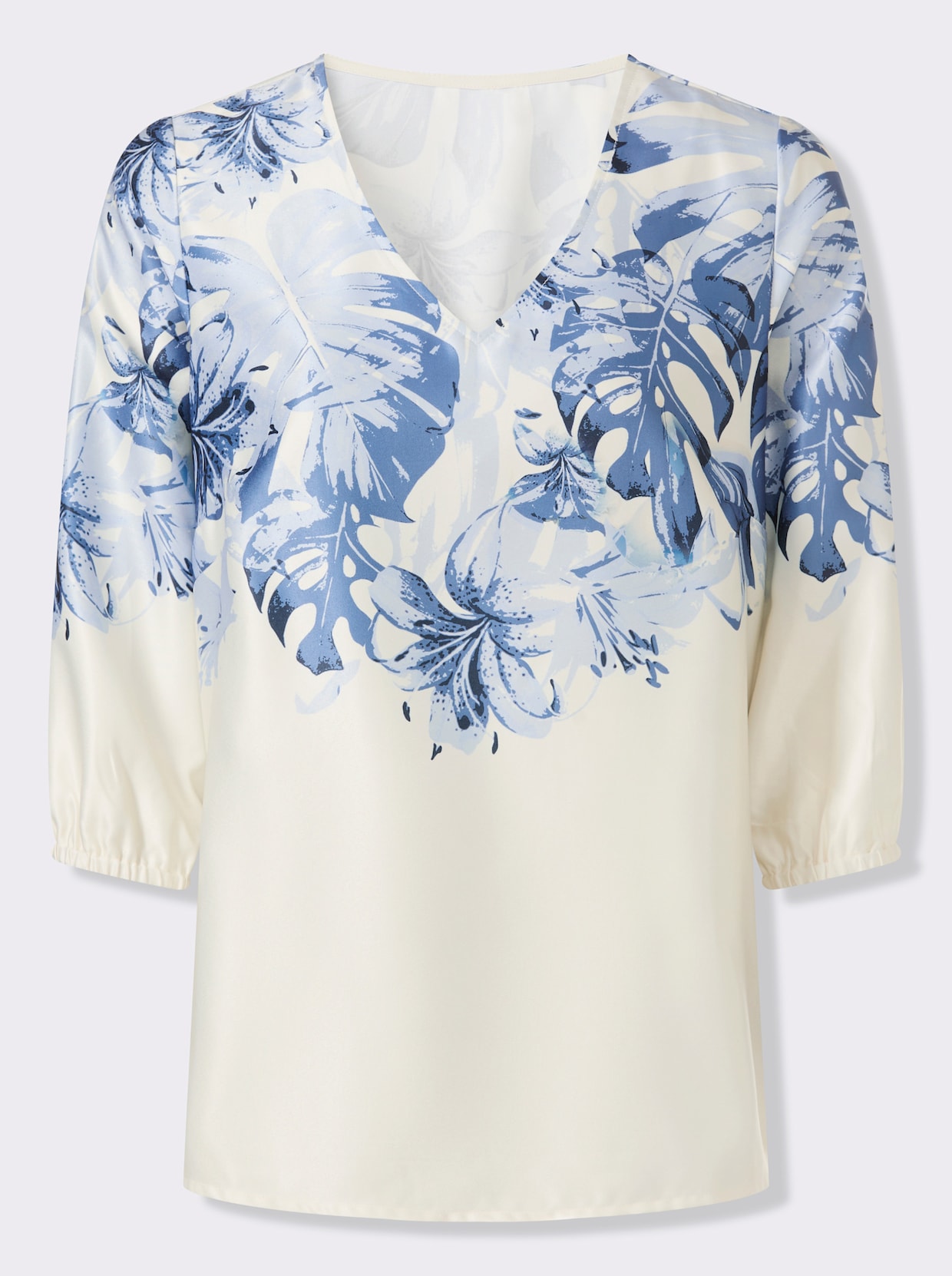 Satinbluse mit elastischen Ärmelabschlüssen - eisblau-champagner-bedruckt