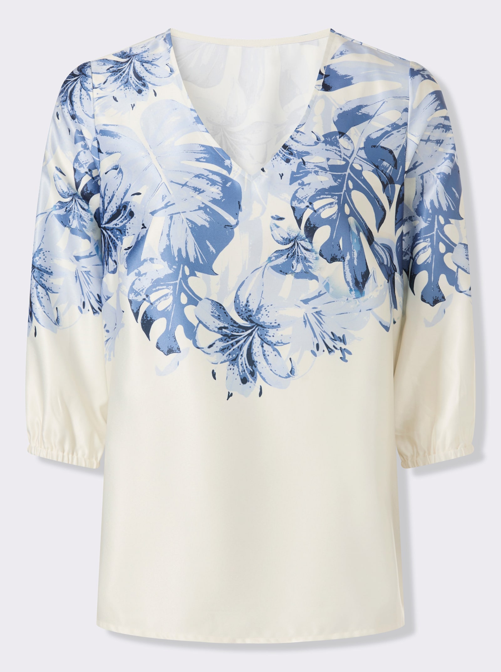 Satinbluse mit elastischen Ärmelabschlüssen - eisblau-champagner-bedruckt