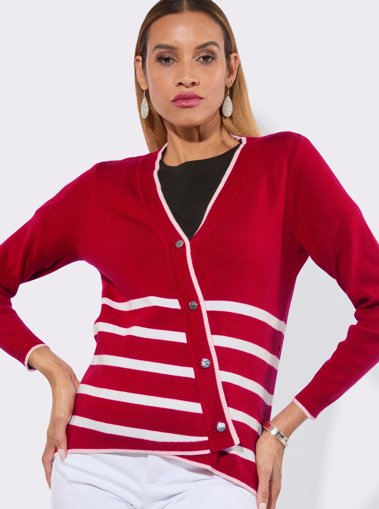 Feinstrickjacke mit asymmetrischer Knopfleiste - rot-weiß-geringelt