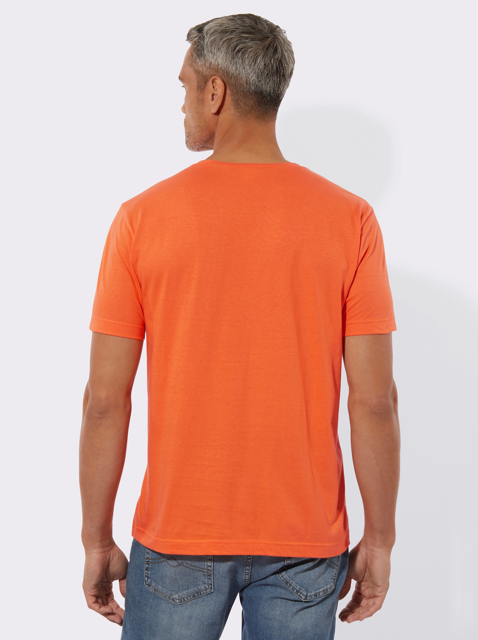 Tričko, okr. výstrih, potlač vpredu - Oranžová-džínsová modrá