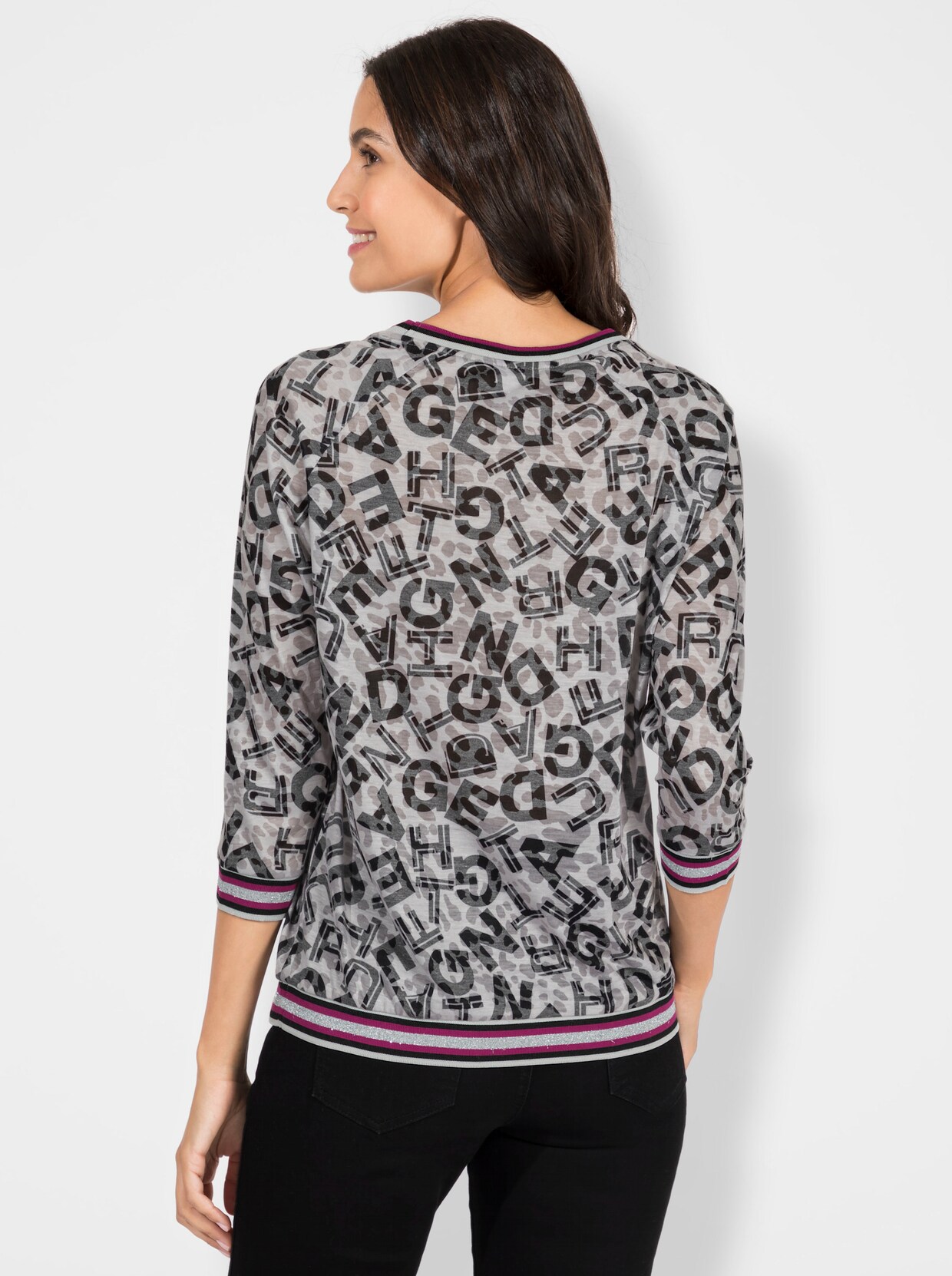 3/4-Arm-Shirt - hellgrau-schwarz-gemustert