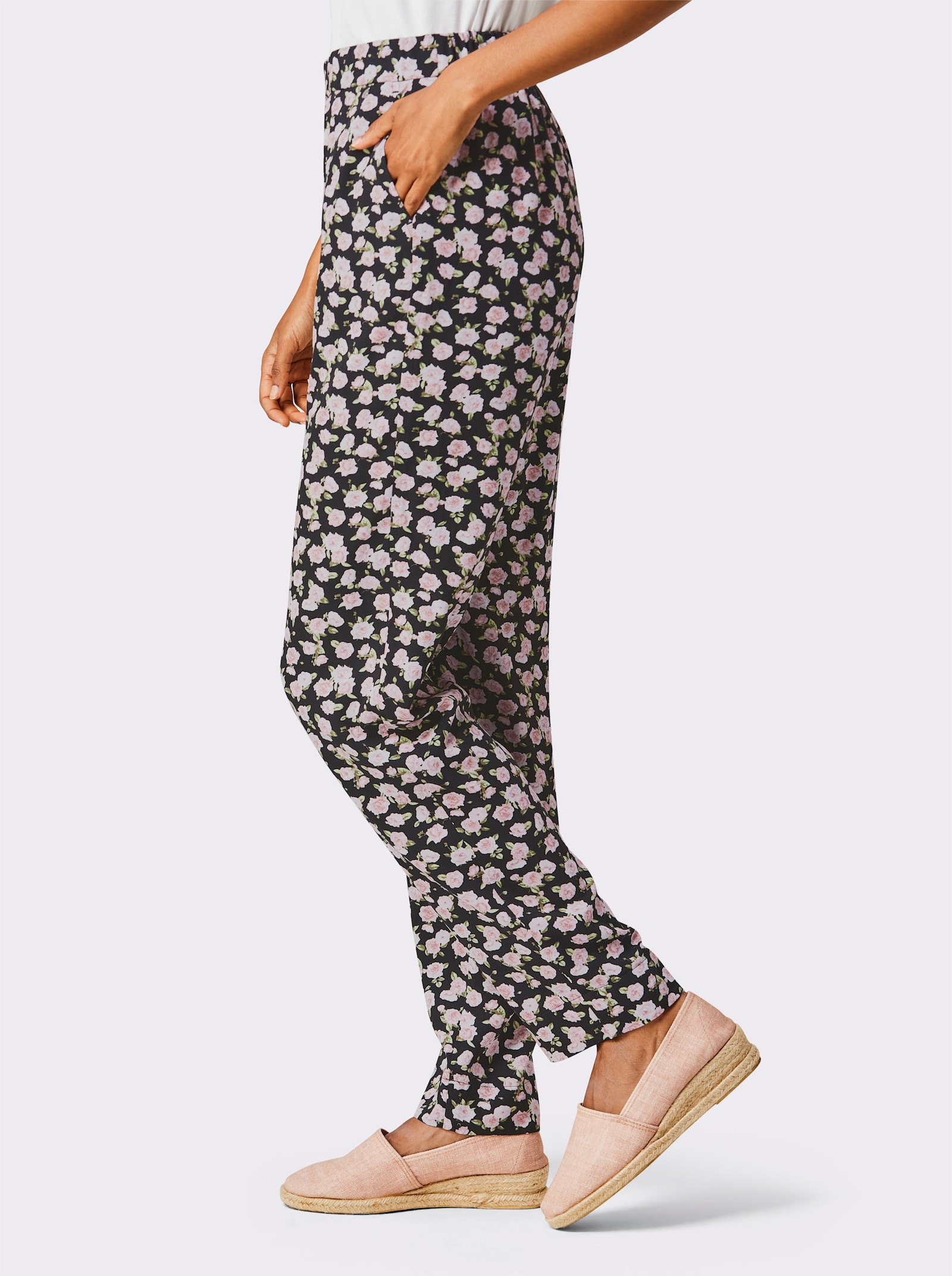 CREATION L PREMIUM Schlupfhose mit innenliegendem Dehnbund - schwarz-hellrosé-bedruckt