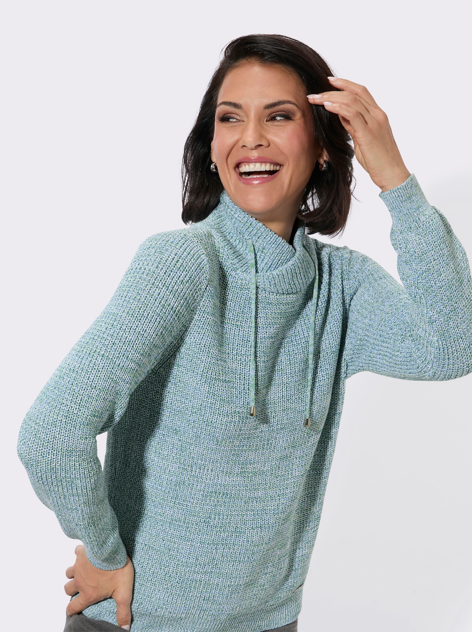 Stehkragenpullover in Melange-Optik - apfel-himmelblau-meliert