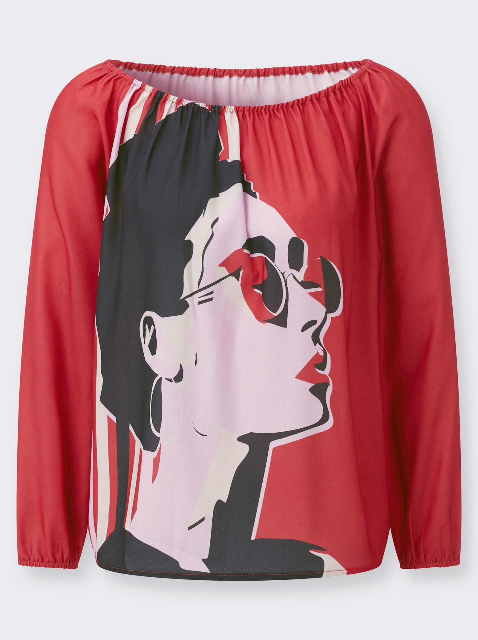 Druckbluse mit weitem, elastischem Ausschnitt - rot-rosé-bedruckt
