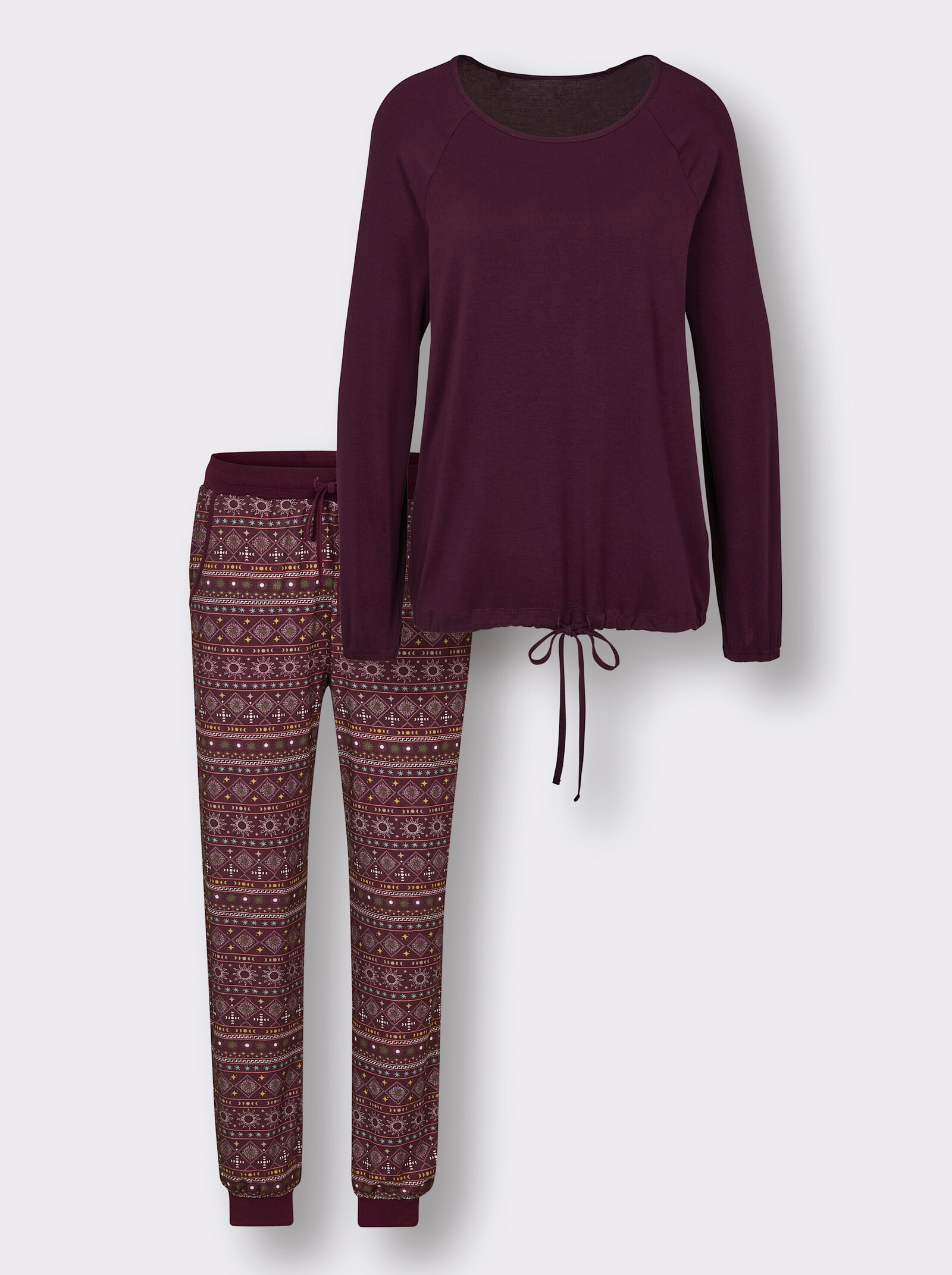 wäschepur Schlafanzug mit Raglanärmeln - burgund-camel-bedruckt