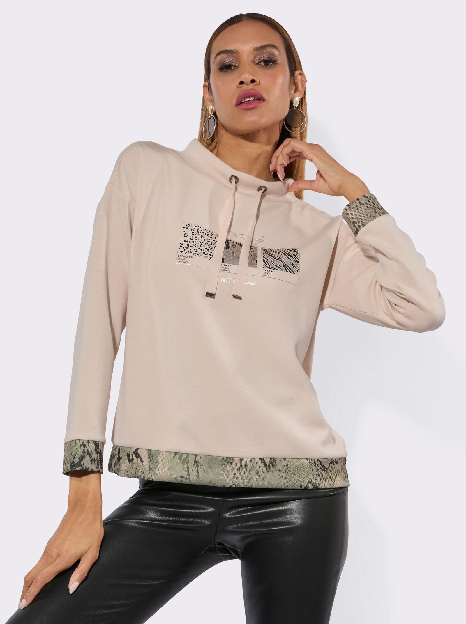 Sweatshirt mit halsfernem Stehkragen - elfenbein-graphit-bedruckt