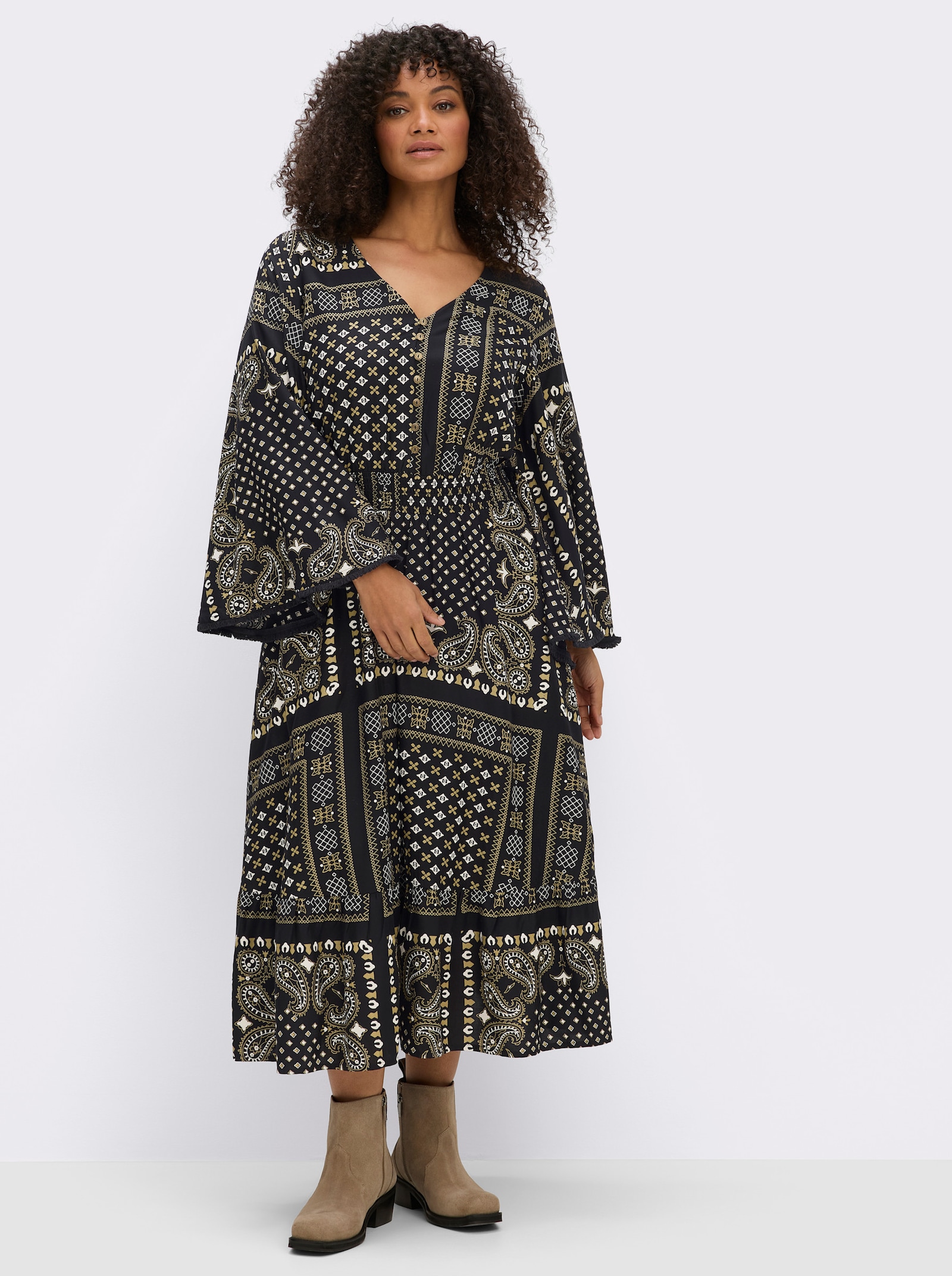 sheego by Joe Browns Maxikleid mit Paisley- und Ornamentmuster - schwarz-ocker-gemustert