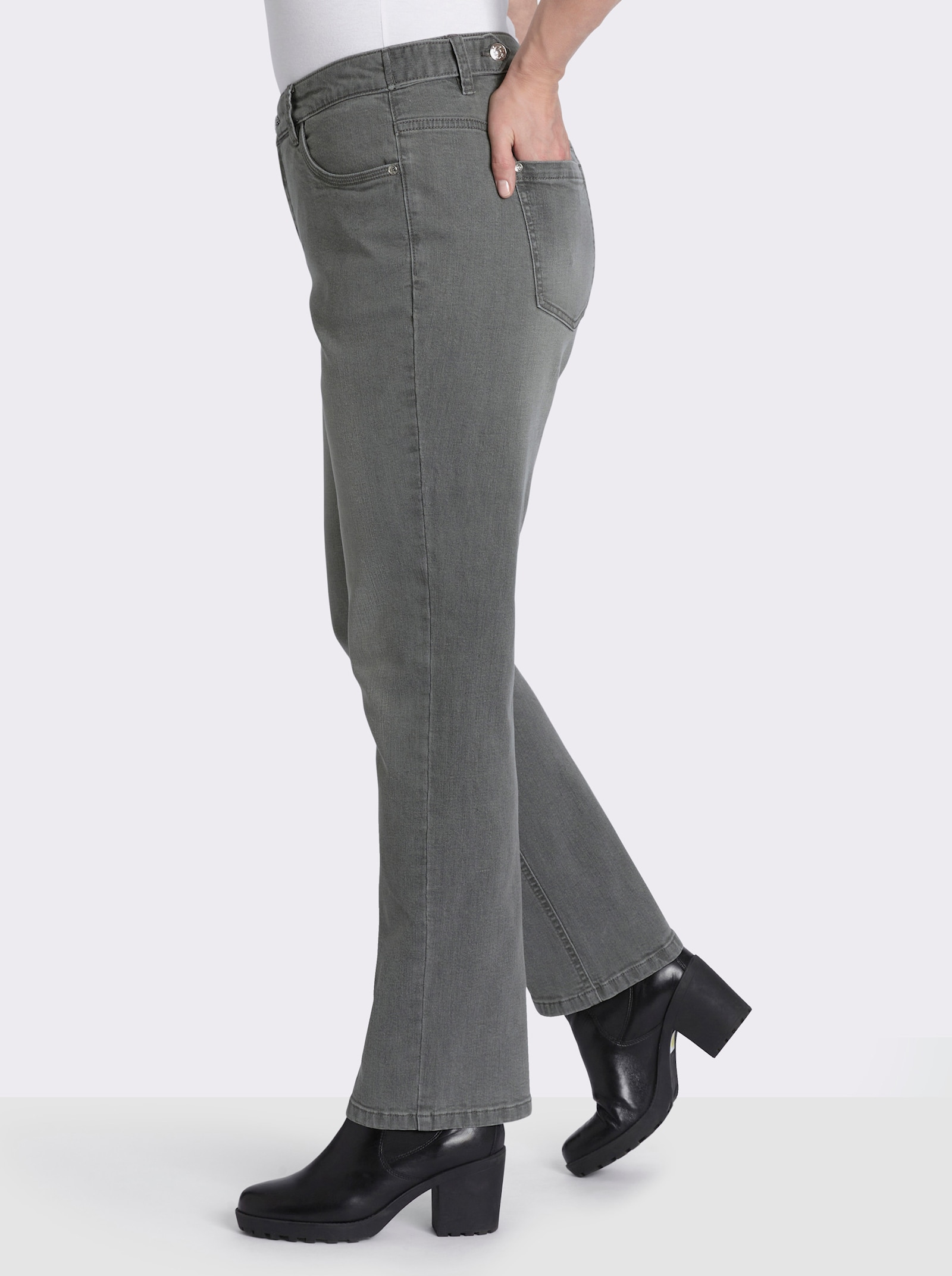 sheego Gerade Jeans mit Deko-Knopf und Riegel am Bund - grey denim