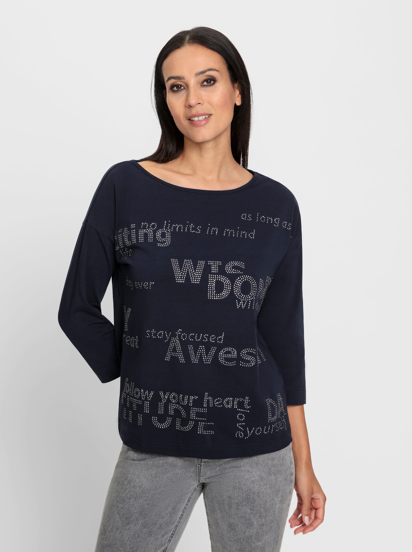 heine Shirt met 3/4-mouwen en opschrift van glittersteentjes - marine