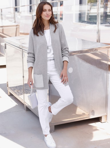 Longstrickjacke mit Glanzgarn-Details - steingrau-meliert