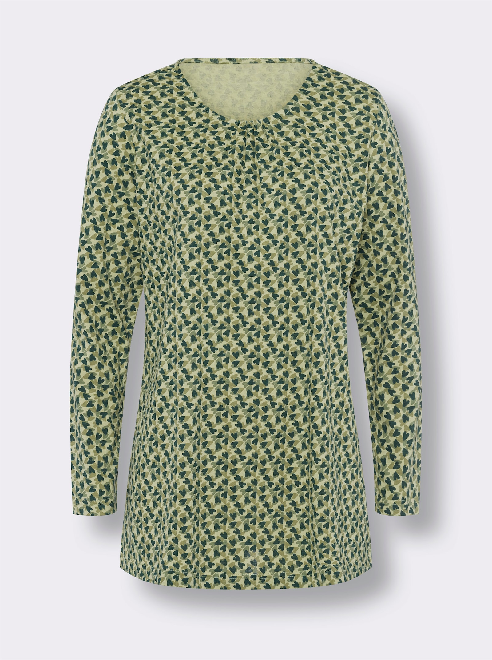 Lång topp med hjärttryck - lindgrön-mossgrön-tryck