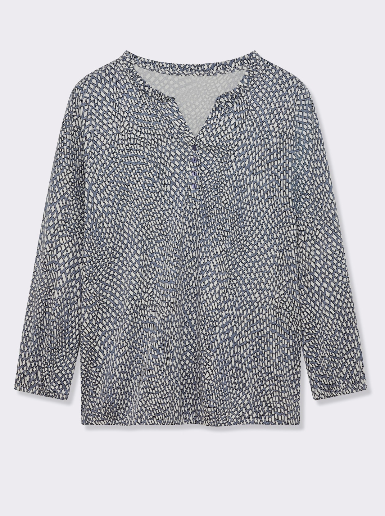 Langarmshirt im Material-Mix - rauchblau-ecru-bedruckt