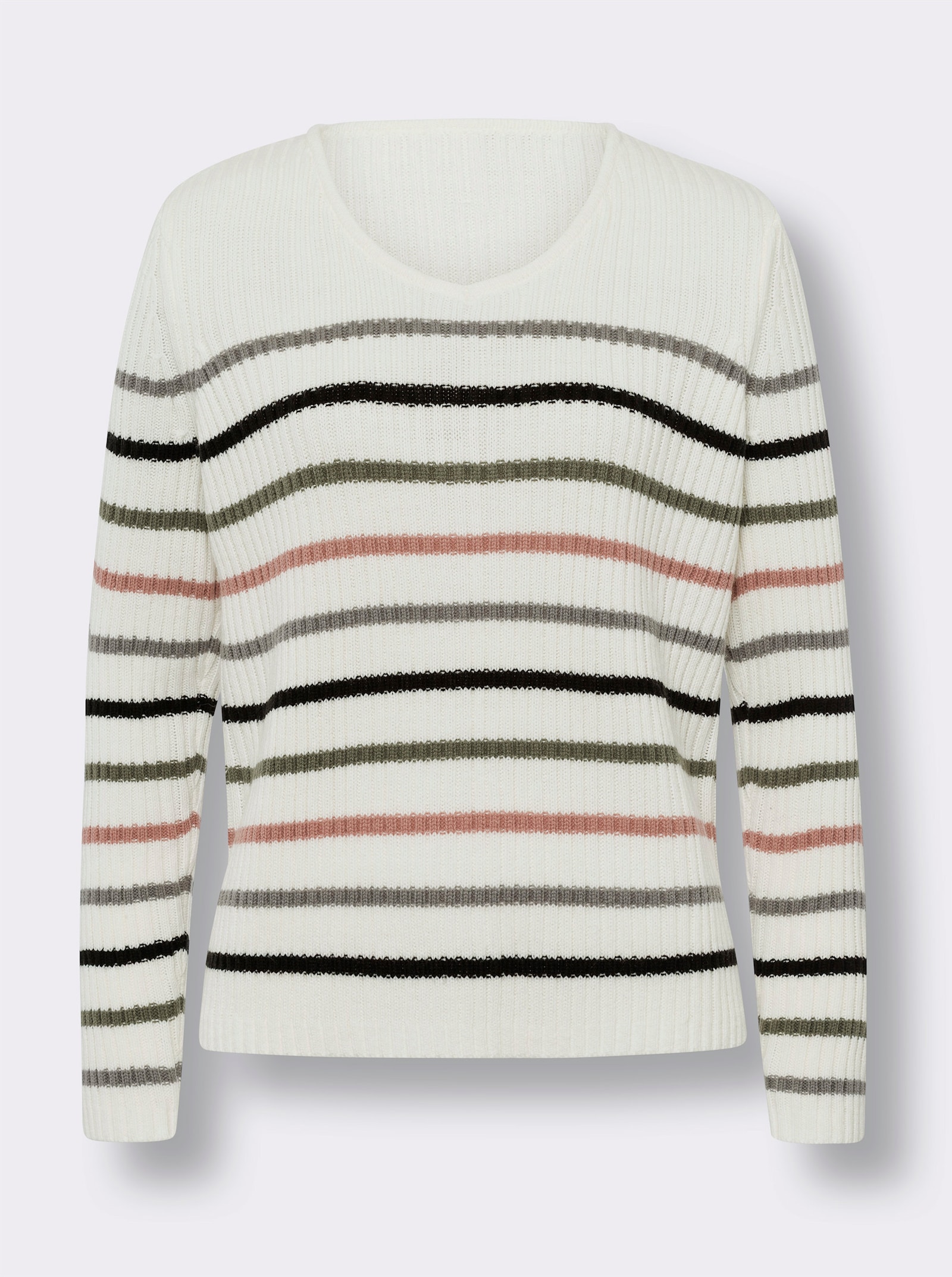 Pullover met V-hals en streepjesdessin - ecru/zwart gestreept