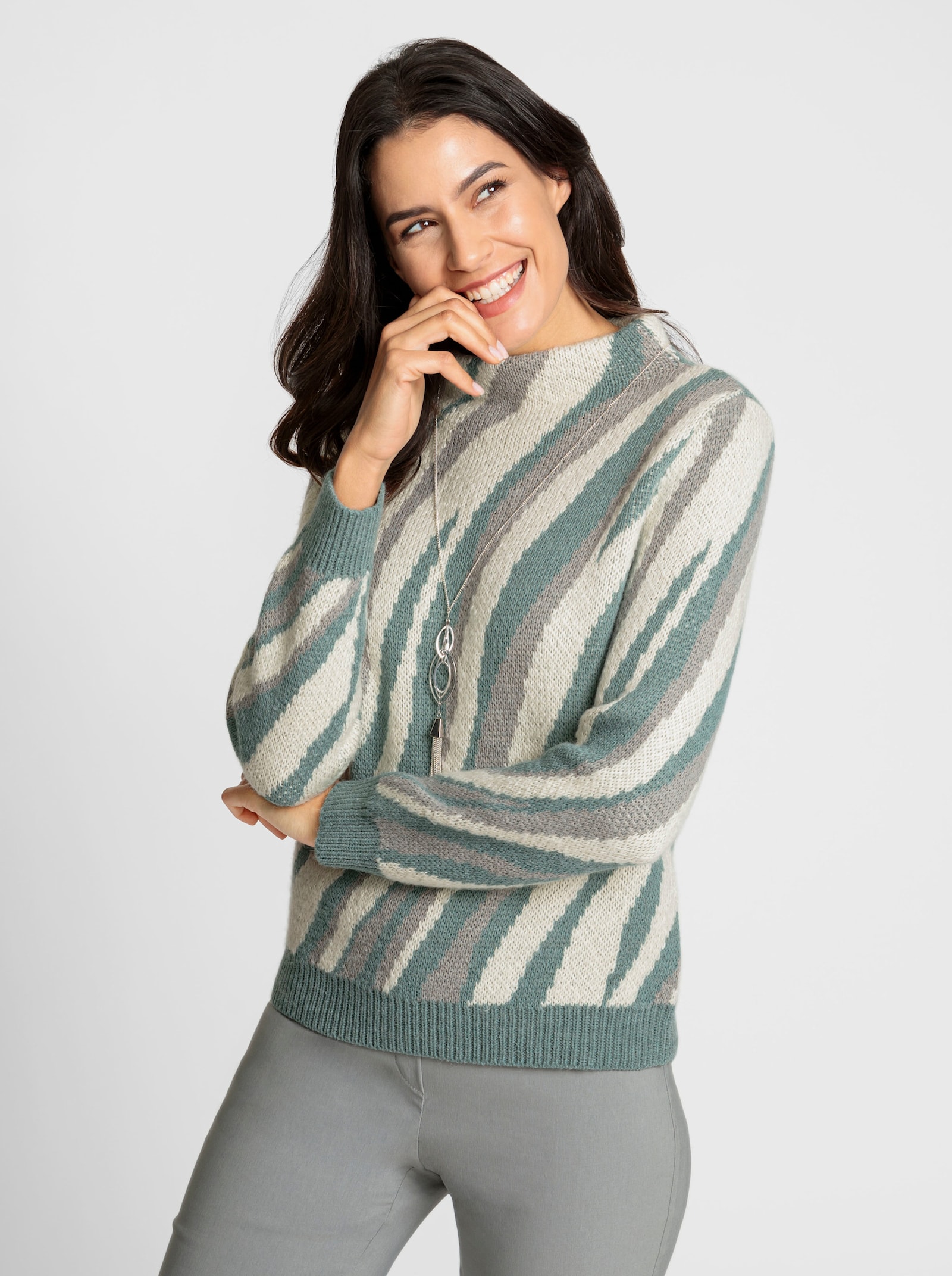 Jacquardpullover mit Kelchkragen - jade-champagner-gemustert