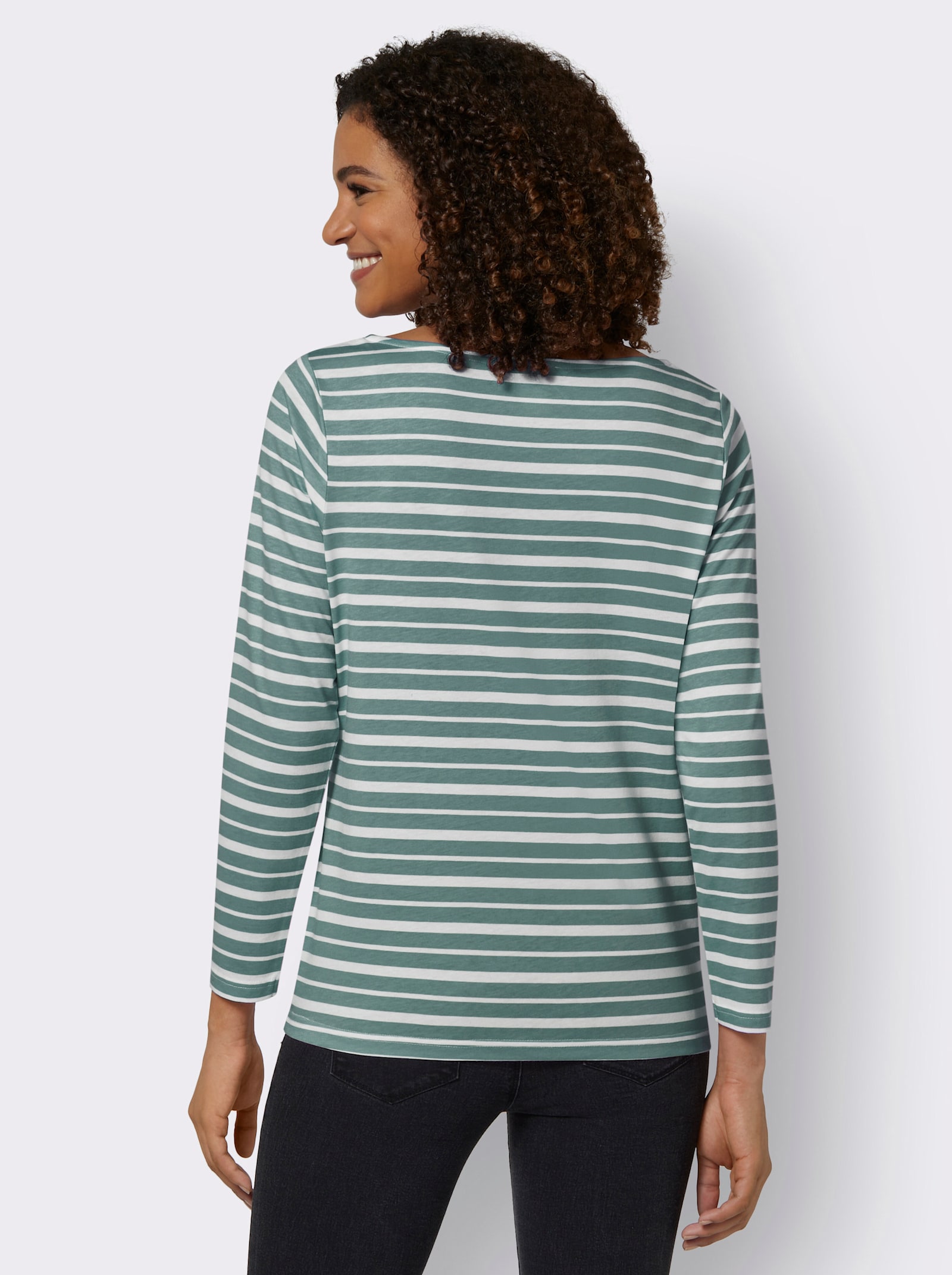 Gestreept shirt met overlappende hals - jade/champagne gestreept