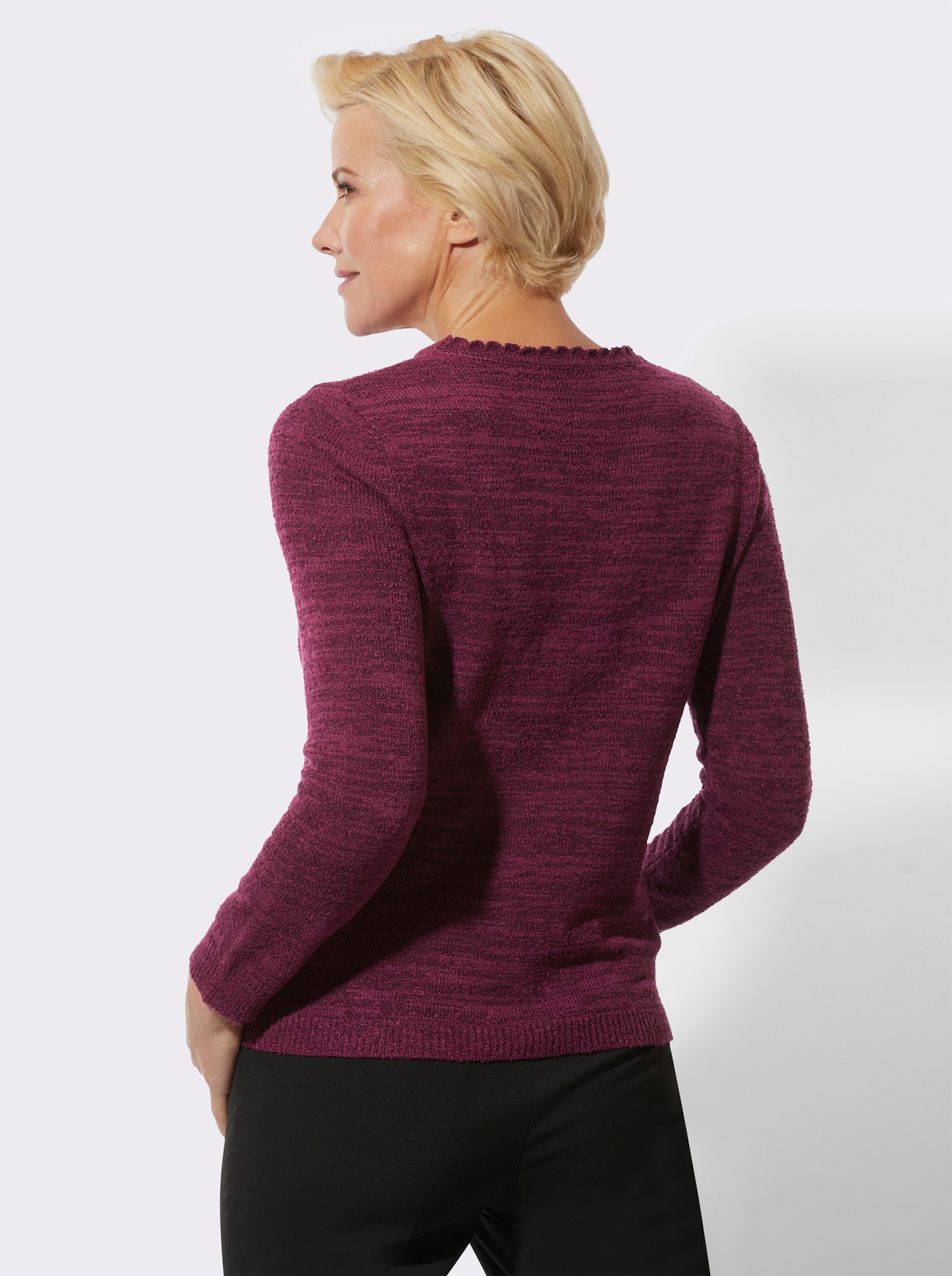 Pullover met lange mouwen en met bloemenapplicatie bij de hals - heide/zwart gemêleerd