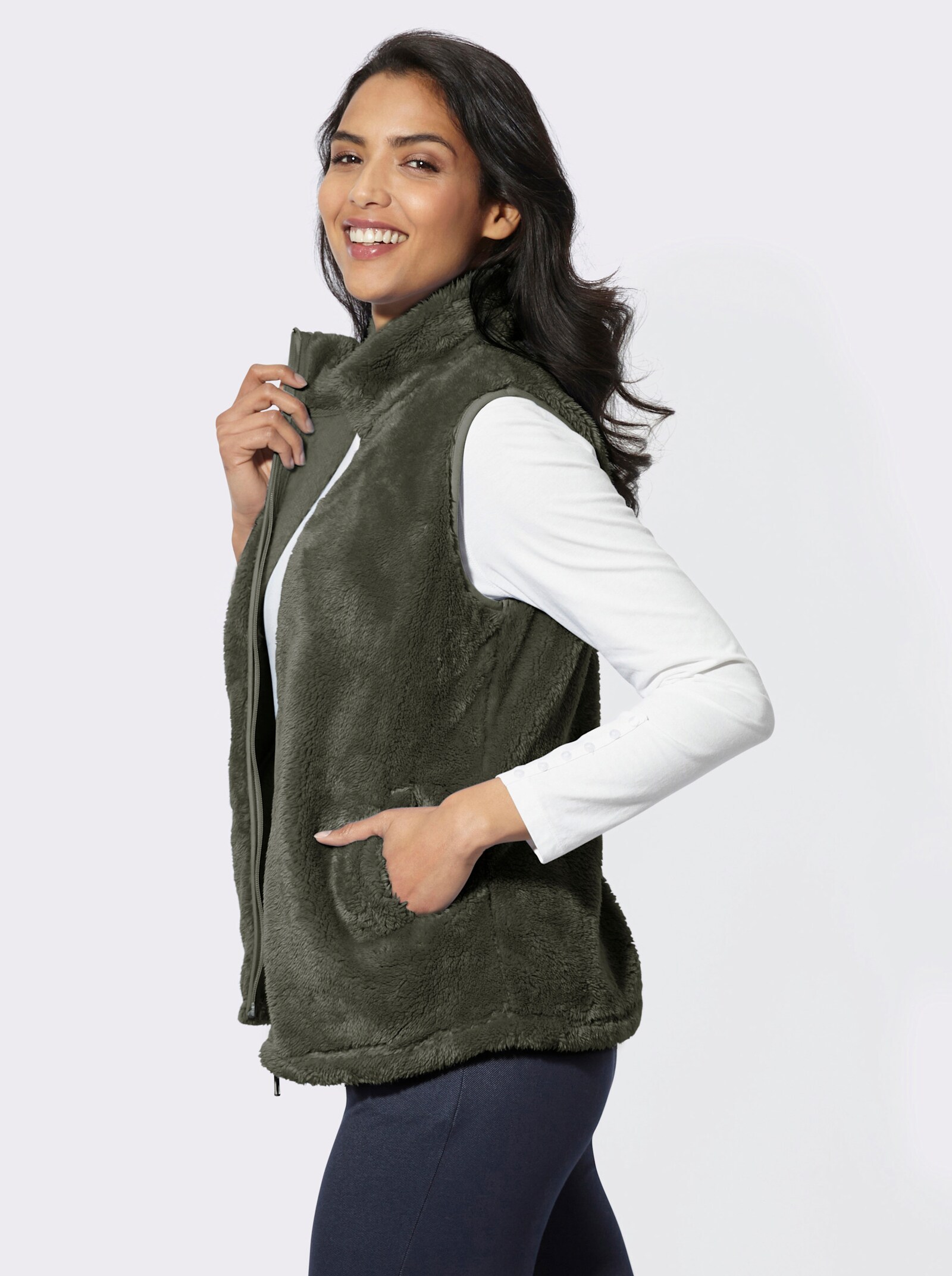Sweatweste mit Umlegekragen - khaki