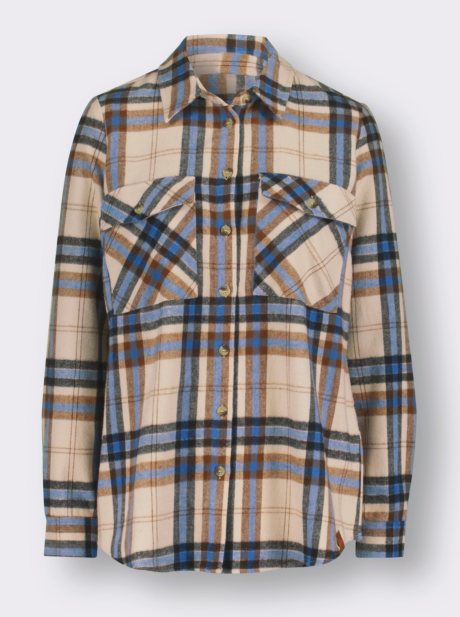 Flanellbluse mit mehrfarbigem Webkaro - mittelblau-elfenbein-kariert