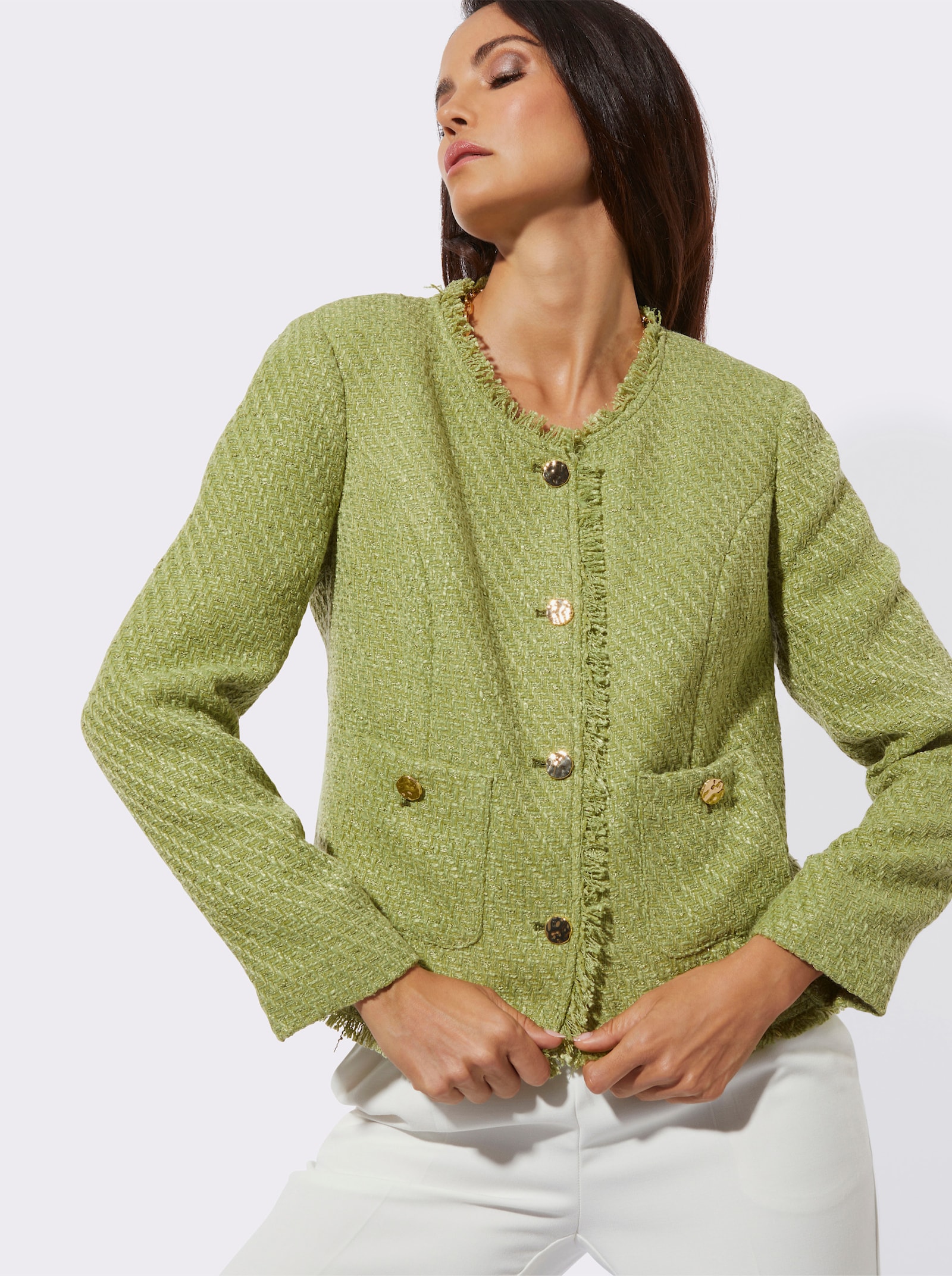 Bouclé-Blazer mit Fransen-Verzierung - lindgrün
