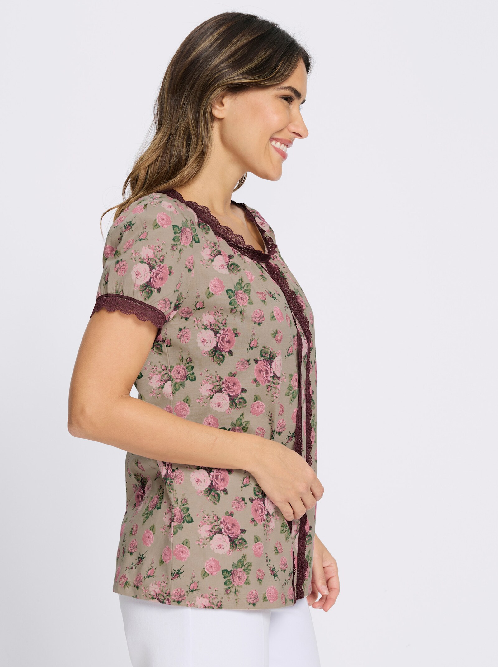 Trachtenshirt mit Spitzen-Details - beige-kirsche-bedruckt