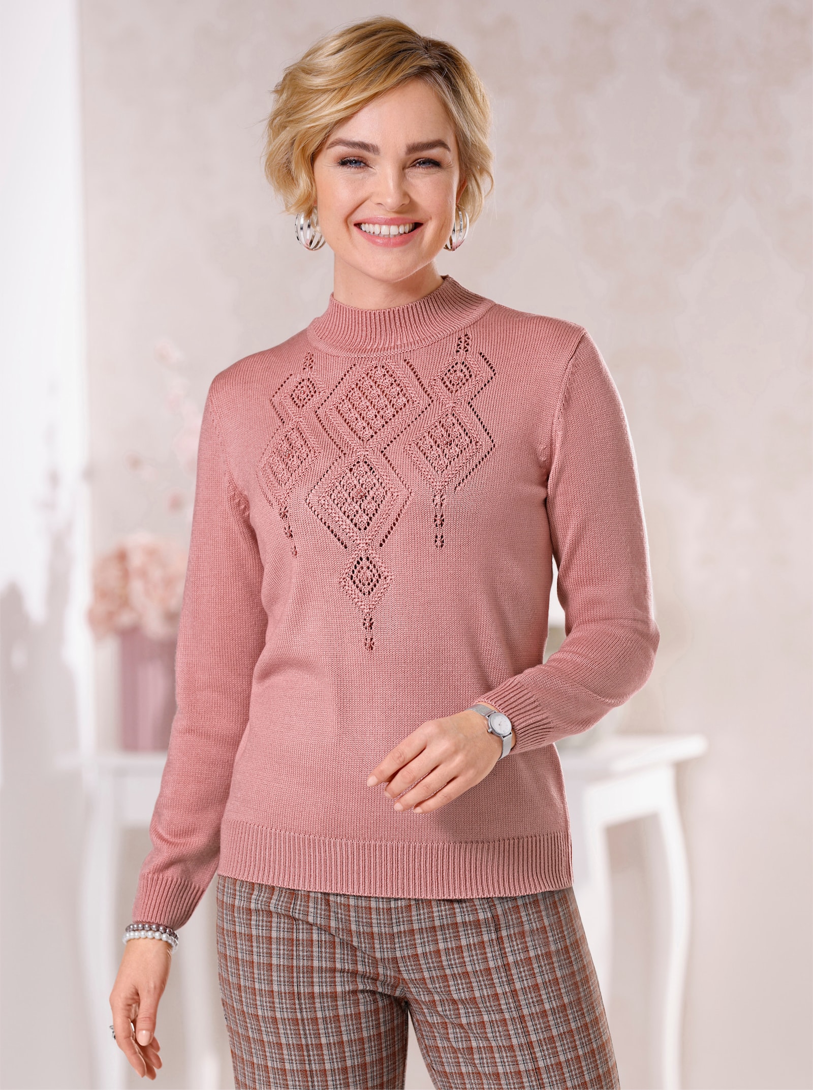 Stehkragenpullover mit Zierperlen - rosenquarz