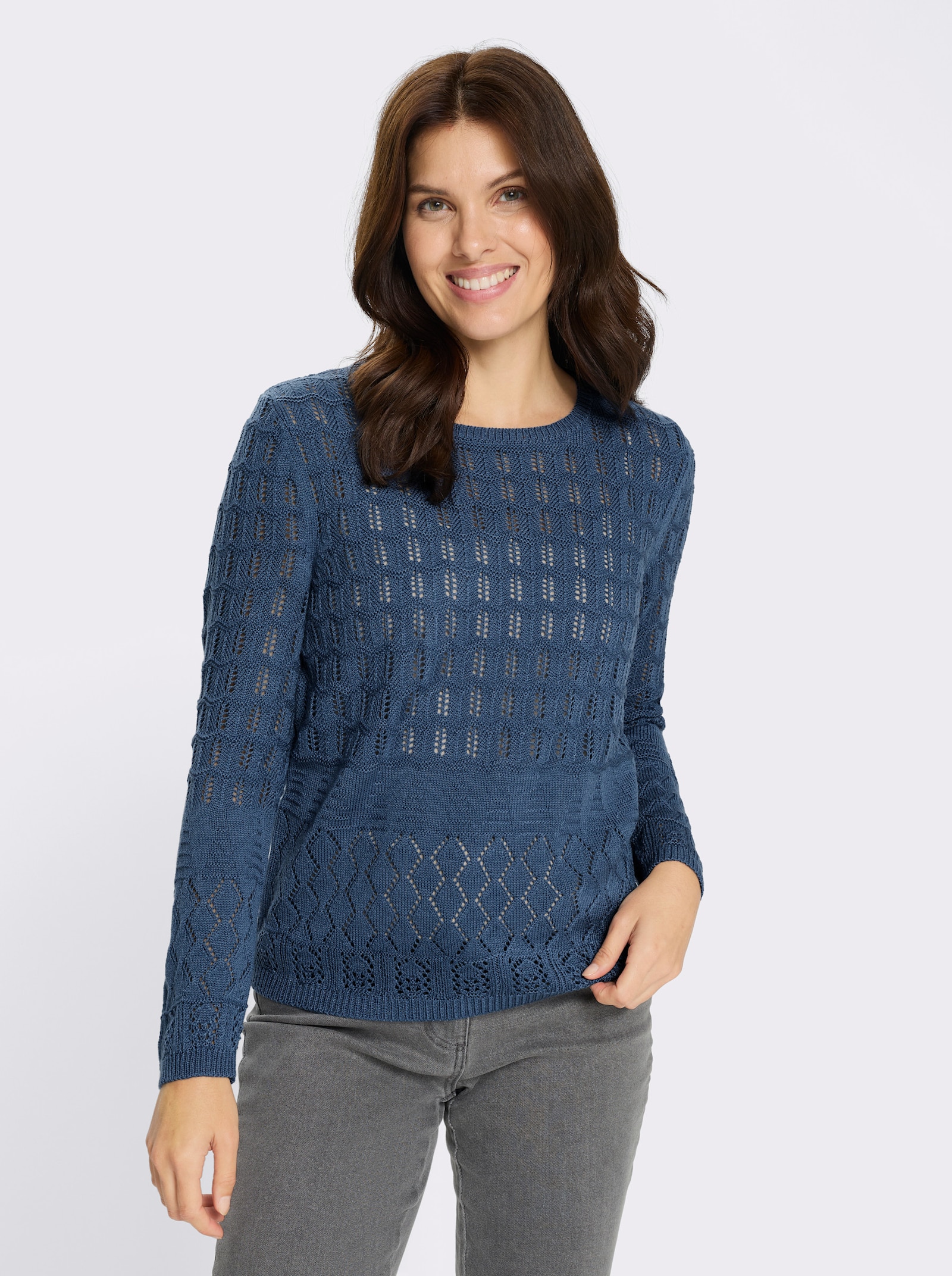 Ajourpullover mit gerippten Bündchen - jeansblau