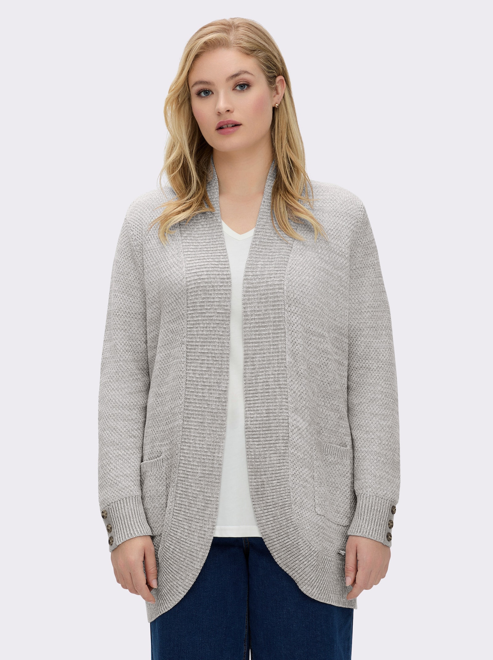 Longstrickjacke mit Struktur-Muster - steingrau-meliert