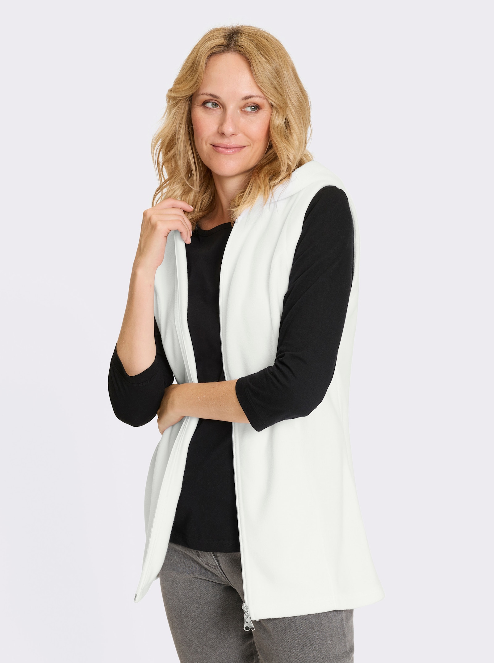 Fleeceväst med tvåvägsdragkedja - gräddvit