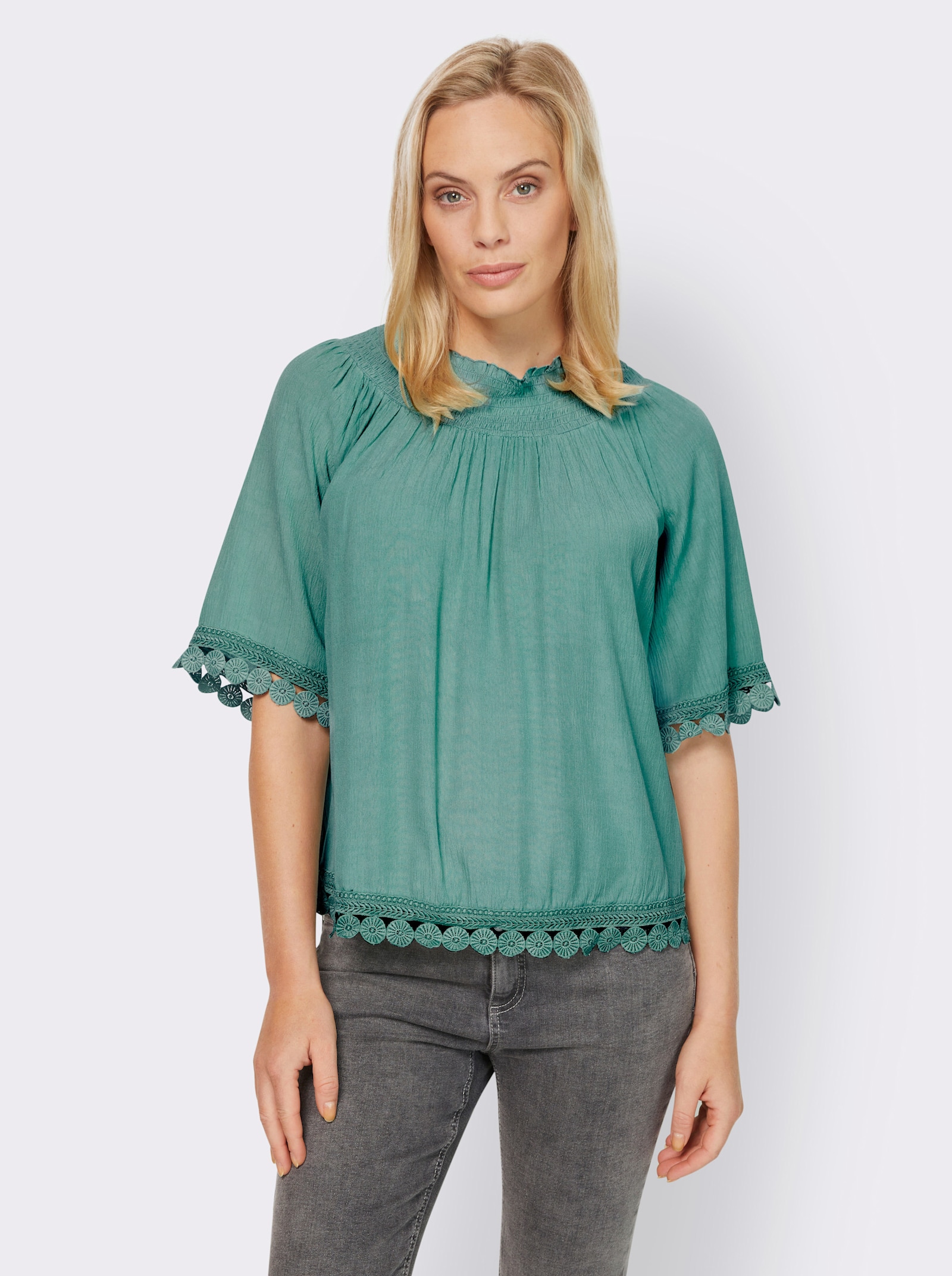heine Crinklebluse mit Spitzenbesatz - salbei