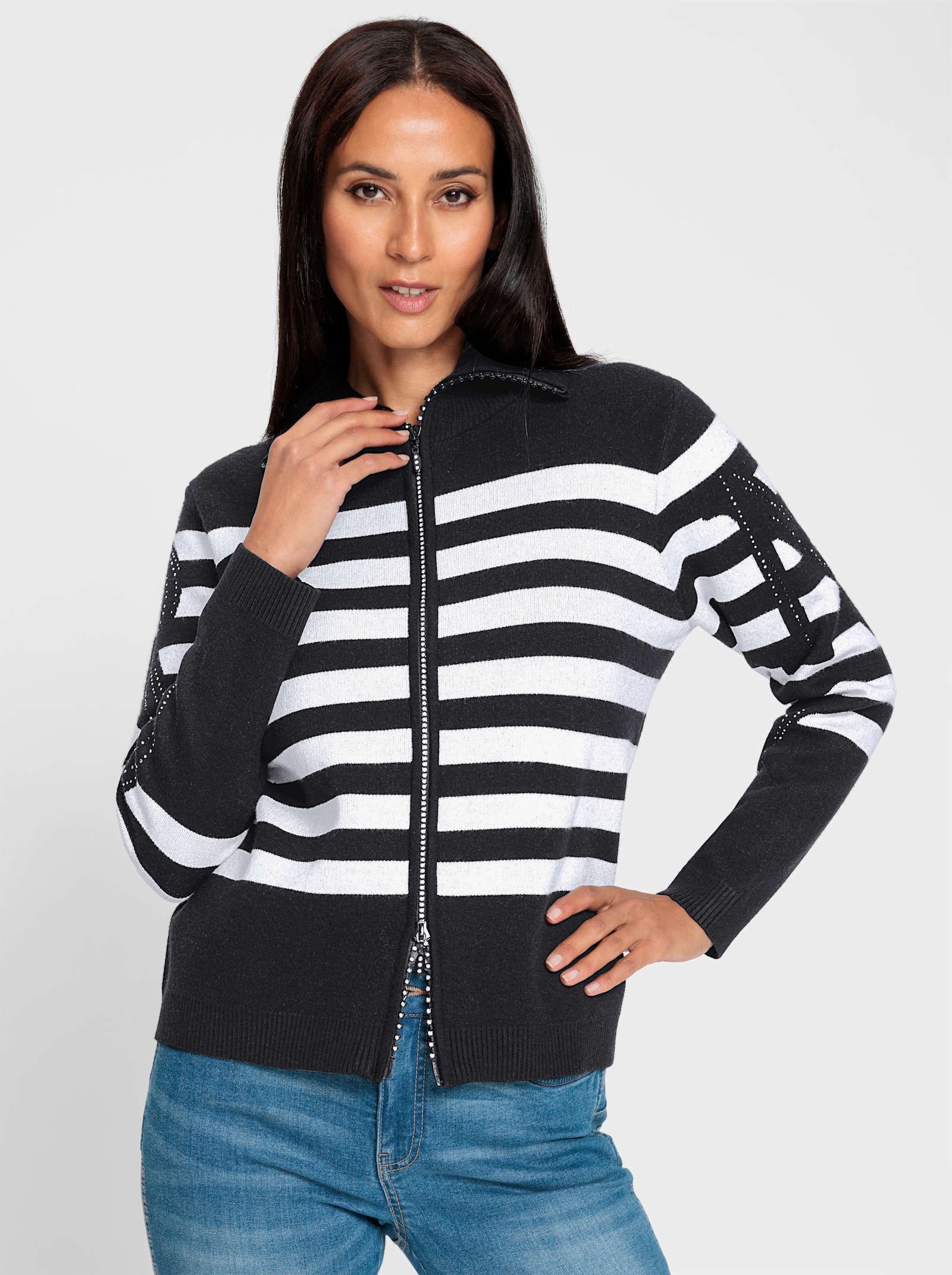 heine Vest met opstaande kraag - zwart/ecru gestreept