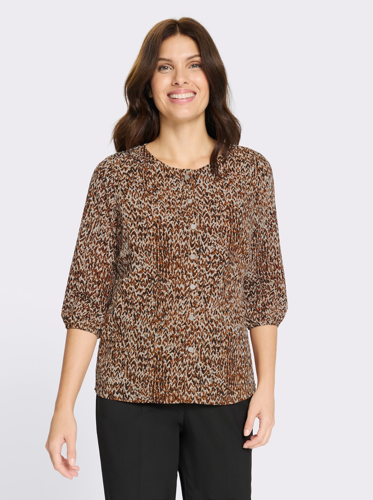 Druckbluse in Crinkle-Qualität - cognac-schwarz-bedruckt