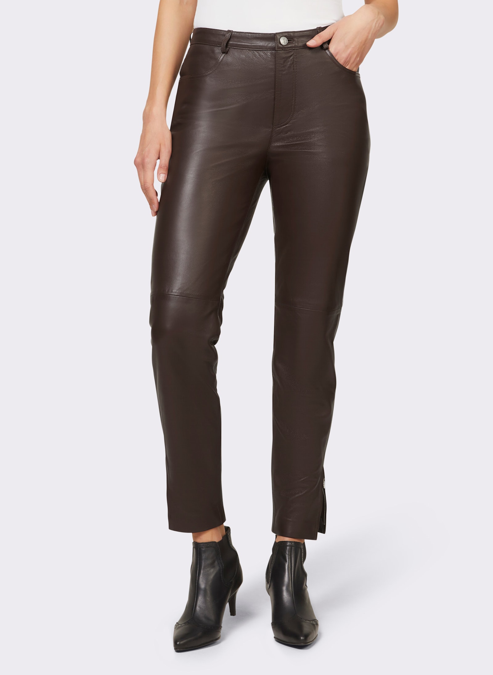 heine Leren broek in slim fit model - chocolade