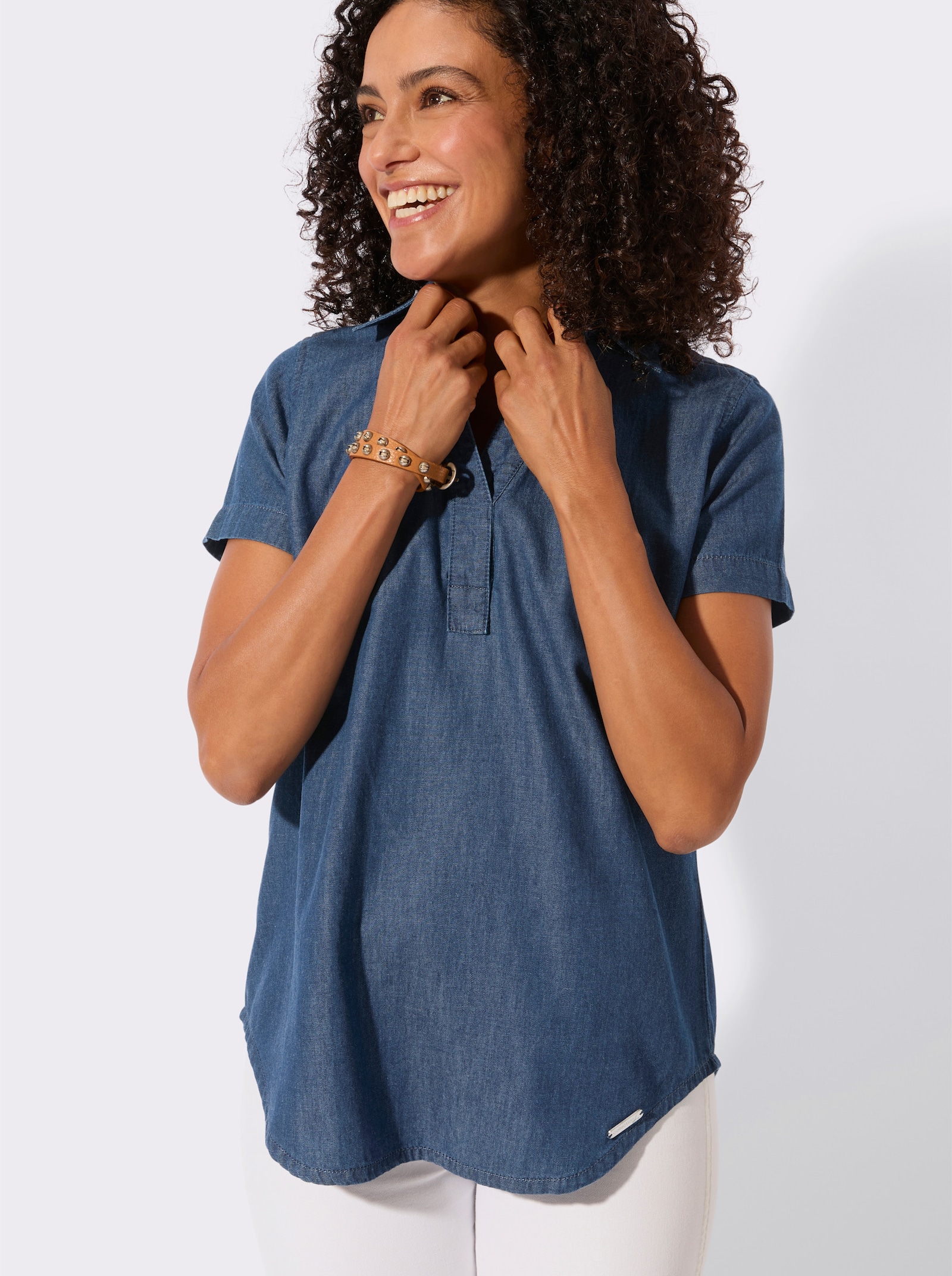 Jeanstunika mit abgerundetem Saum - blue-stone-washed