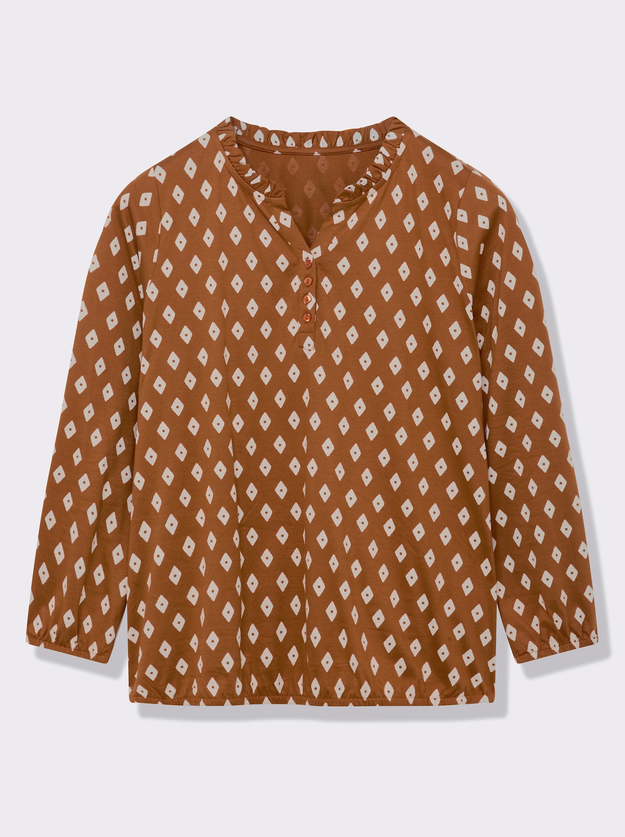 Langarmshirt mit Rüschen am Ausschnitt - cognac-ecru-bedruckt