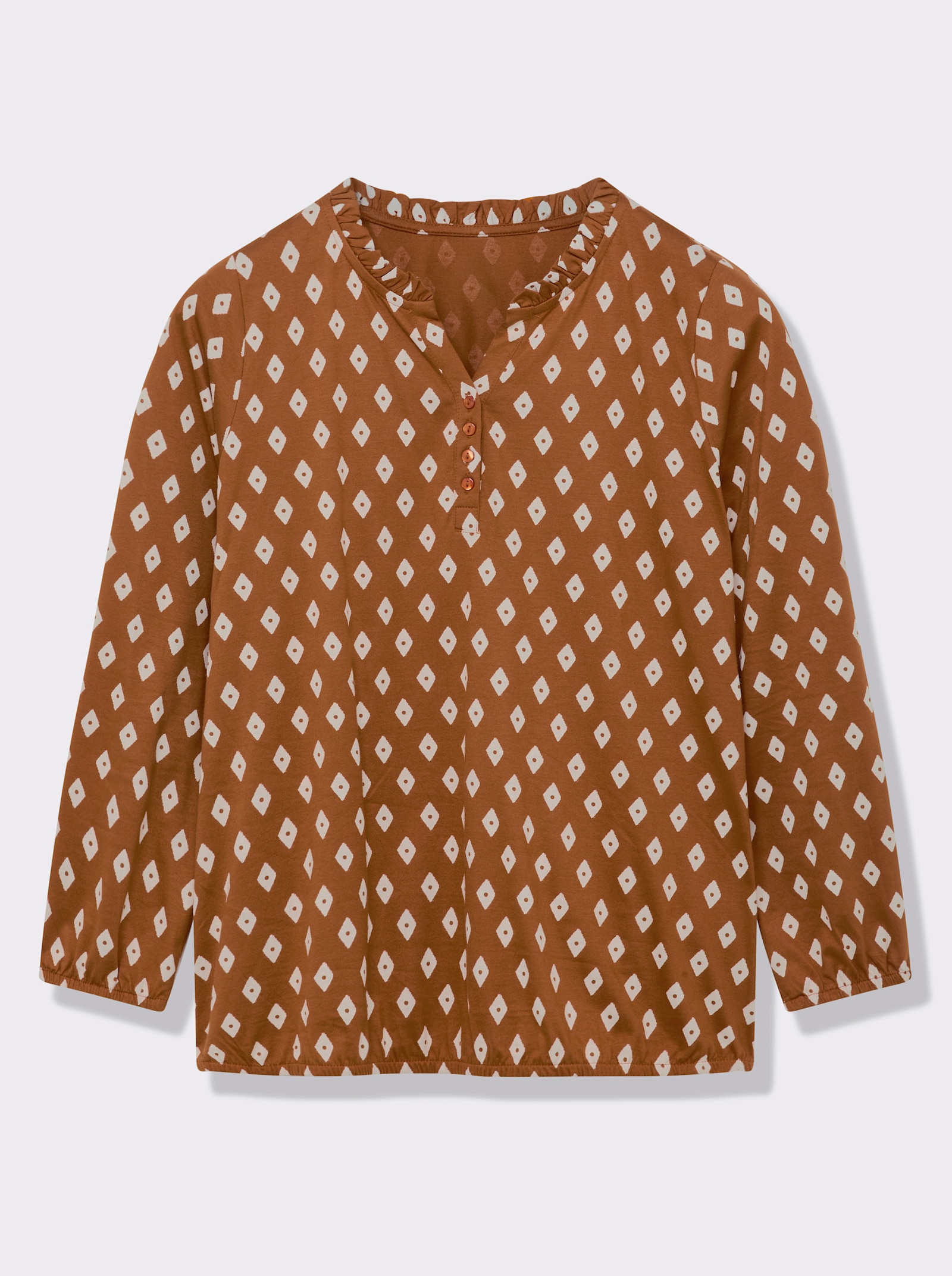Langarmshirt mit Rüschen am Ausschnitt - cognac-ecru-bedruckt