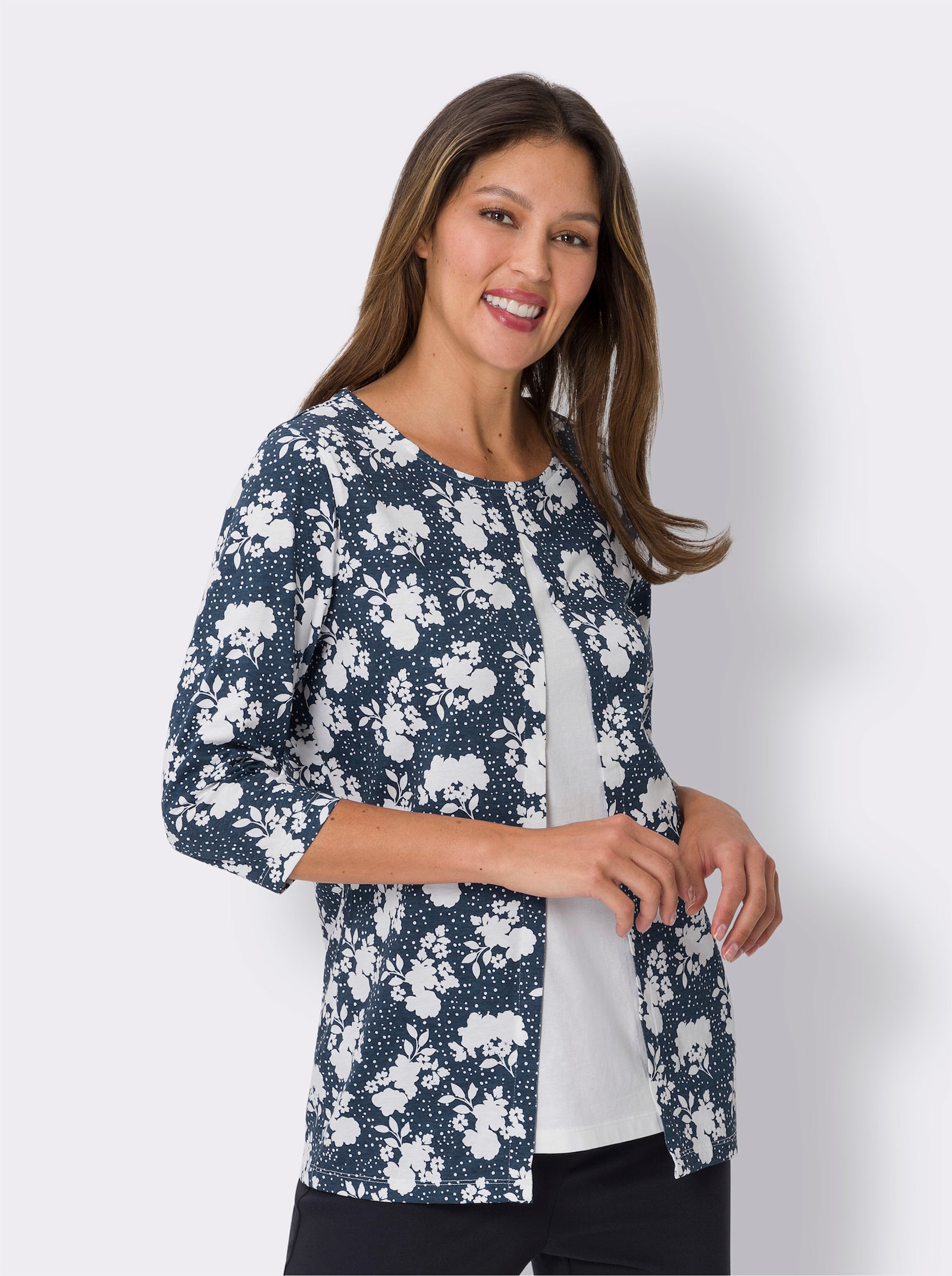 Tričko 2 v 1 delšího střihu - tmavěmodrá-ecru-potisk