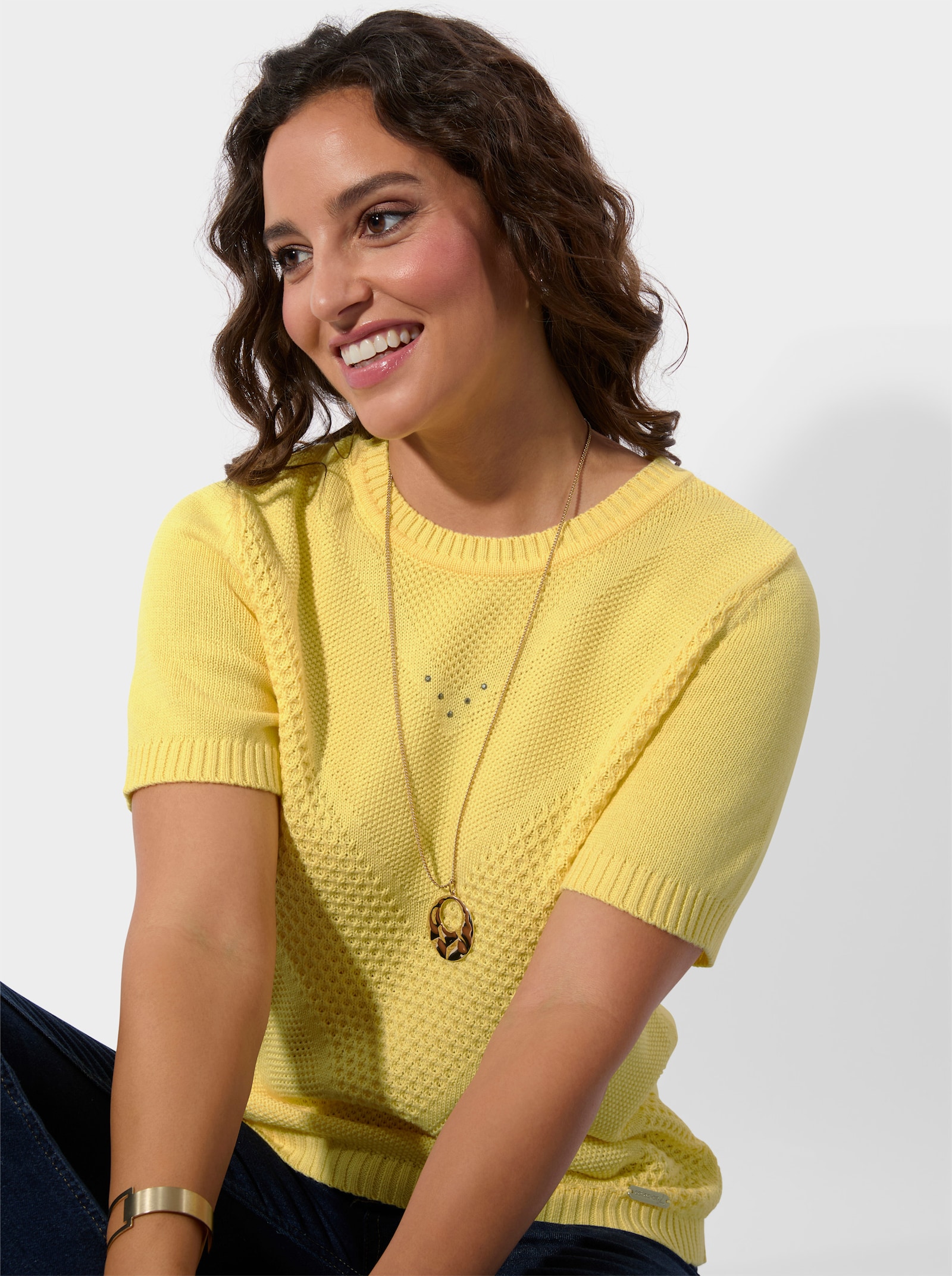 Kurzarmpullover mit Metallstein-Verzierung - zitrone