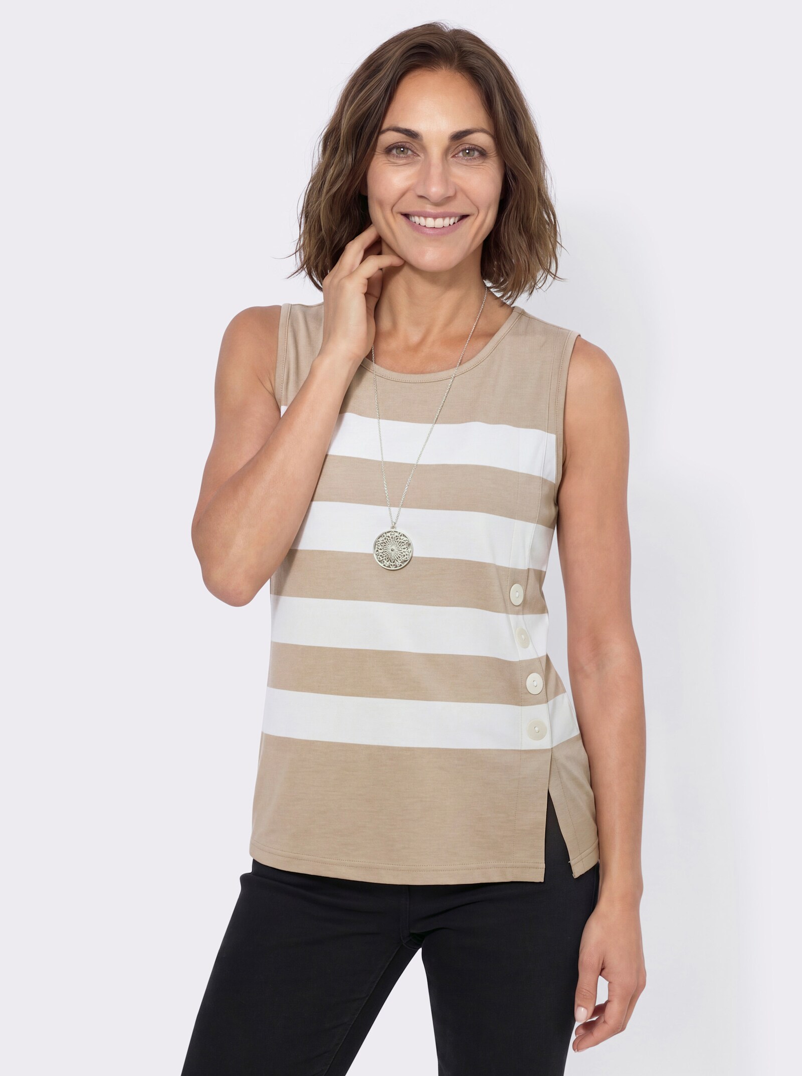 Shirttop mit Deko-Knopfleiste - beige-ecru-gemustert