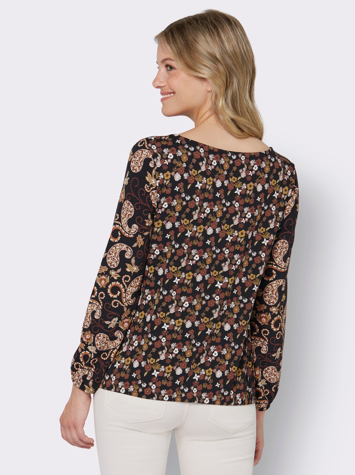 Shirt met ronde hals - zwart/oker bedrukt