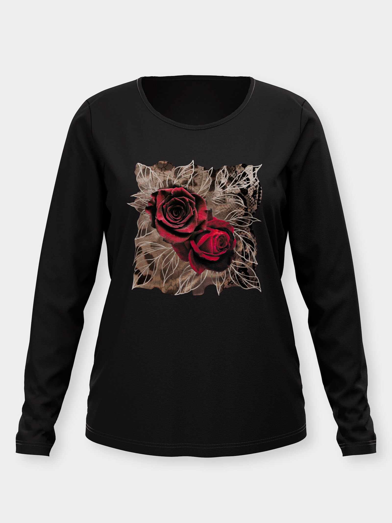 Langarmshirt mit platziertem Rosen-Leo-Print - schwarz