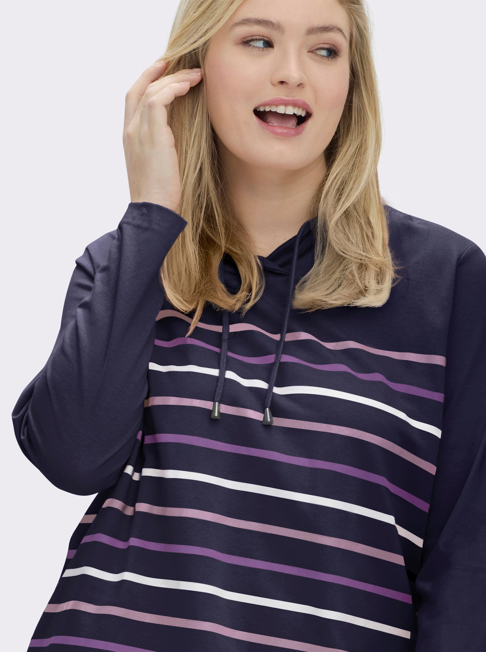 Stehkragenshirt mit Tunnelzug - marine-geringelt