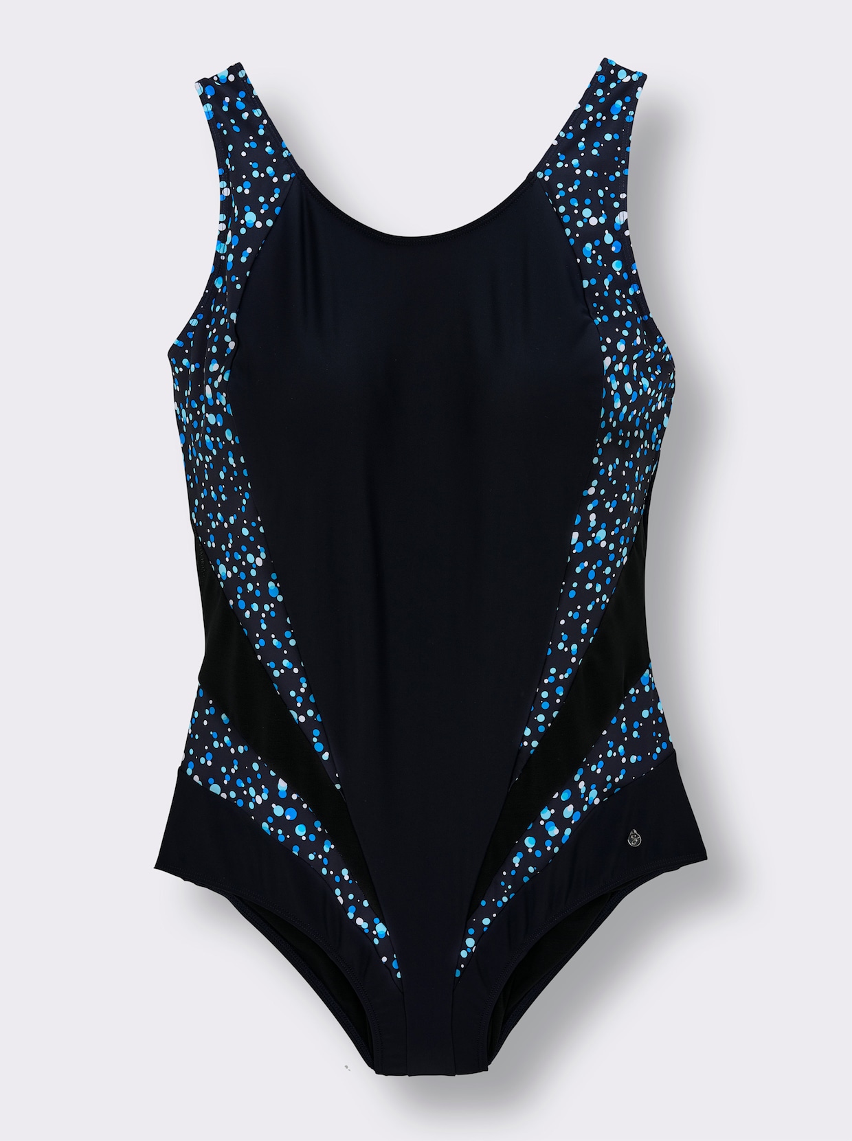 sheego Badeanzug mit Mesh-Einsatz - tiefblau-bedruckt