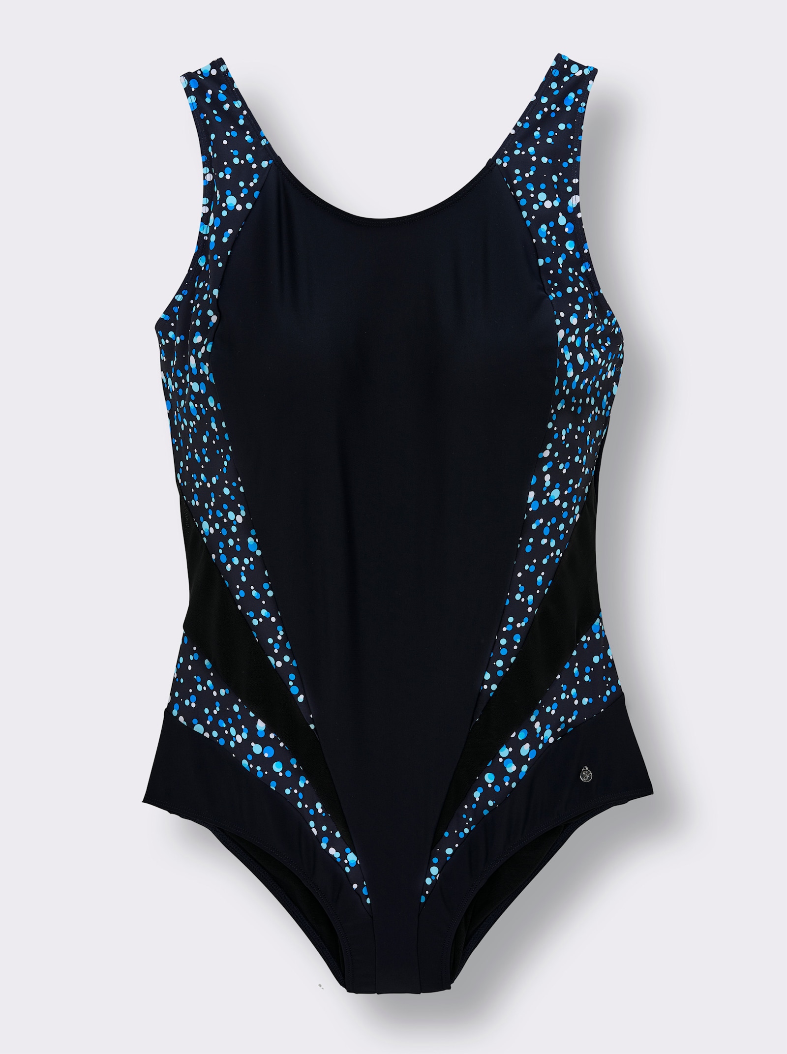 sheego Badeanzug mit Mesh-Einsatz - tiefblau-bedruckt