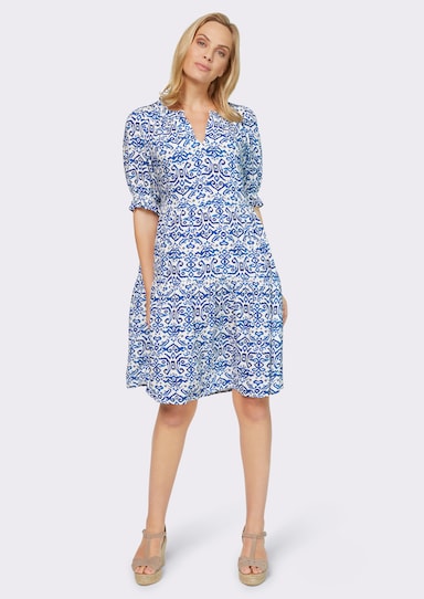 heine Webkleid mit Volants - ecru-royalblau-gemustert