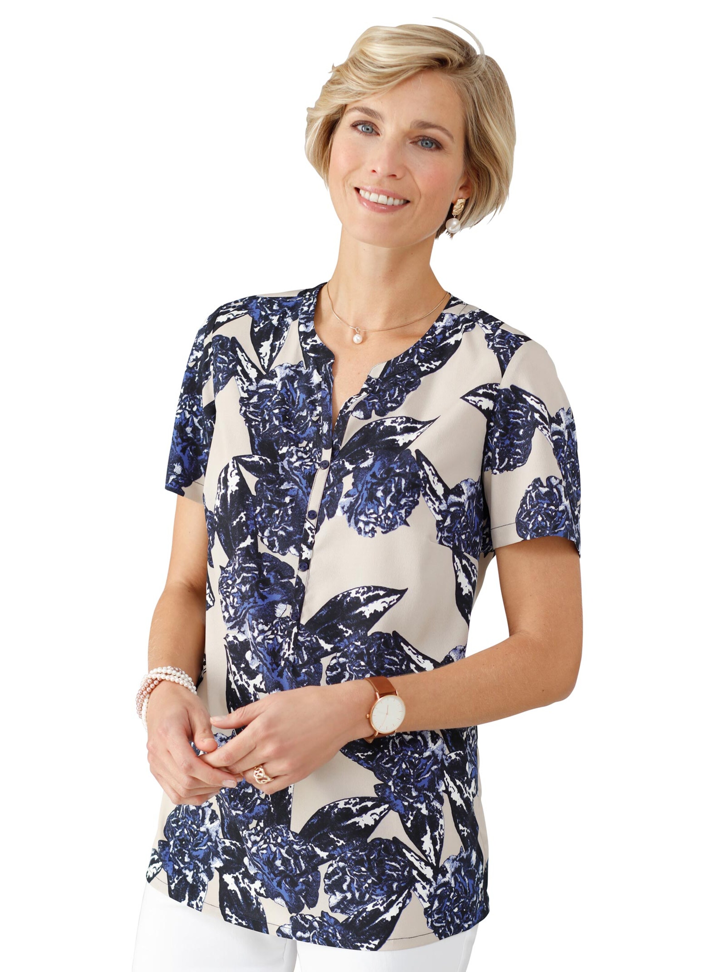 Schlupfbluse - beige-blau-bedruckt