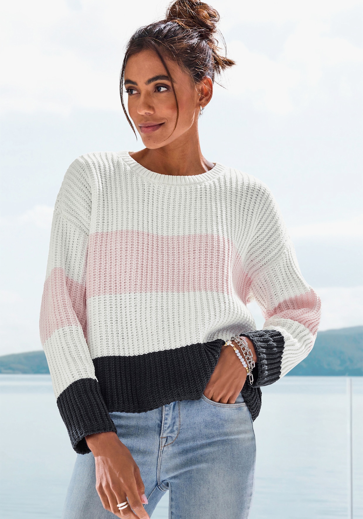 LASCANA Pull en tricot - crème-rose-bleu nuit