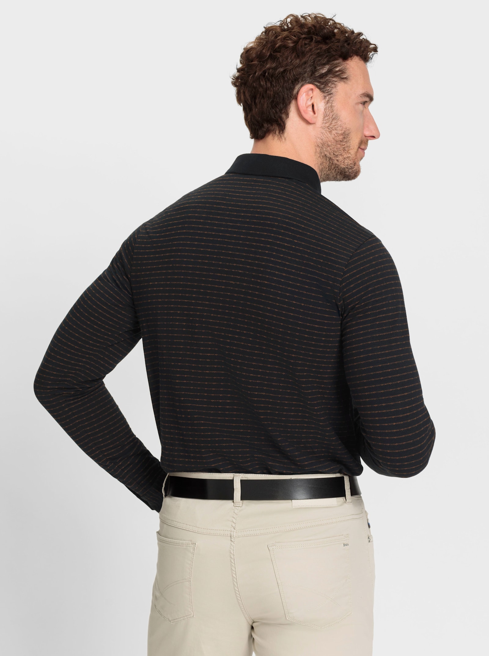 Marco Donati Poloshirt met lange mouwen in gestructureerd jacquardpatroon - zwart/cognac gedessineerd