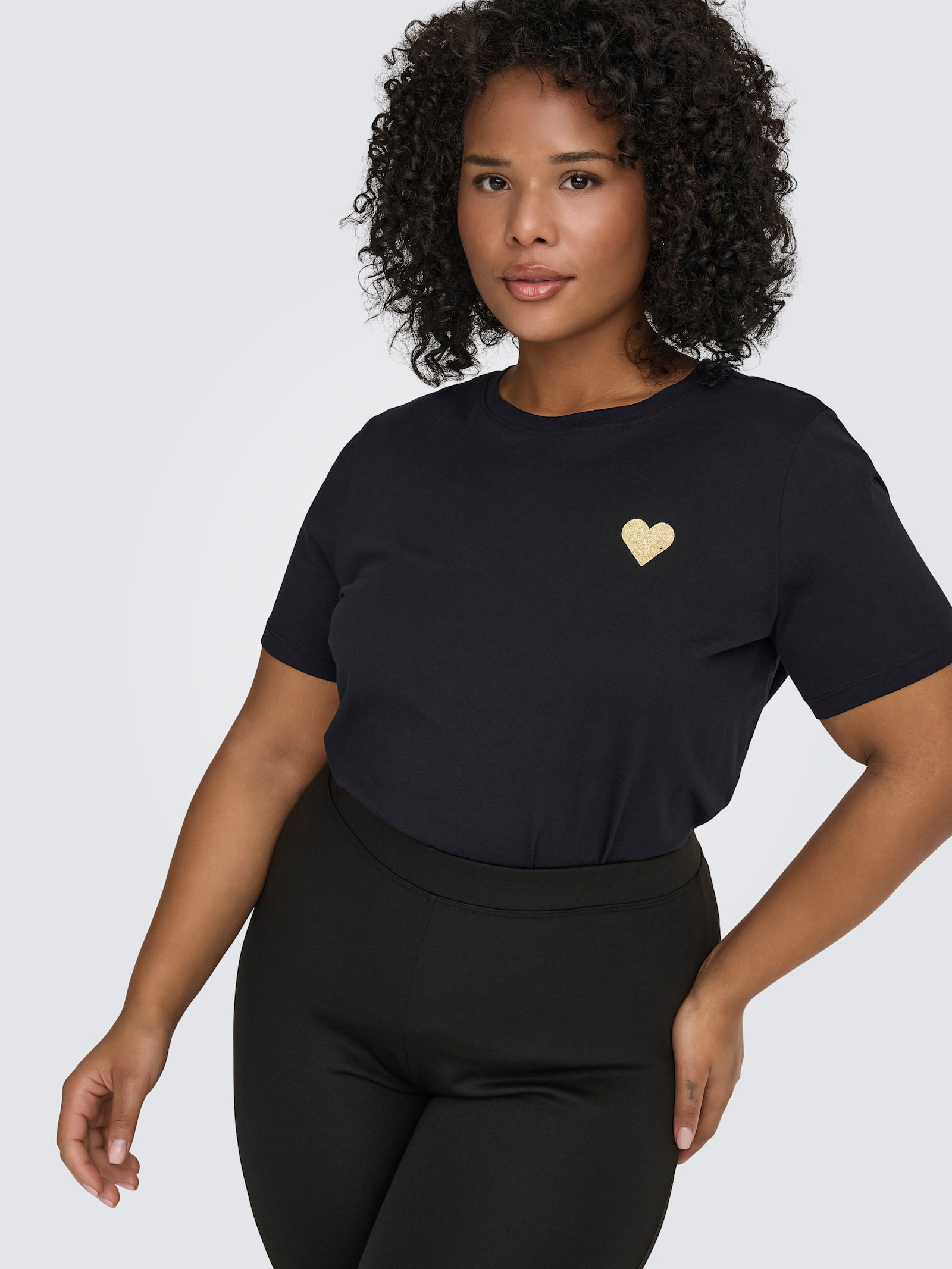 ONLY CARMAKOMA T-Shirt - black print:gold glitter heart